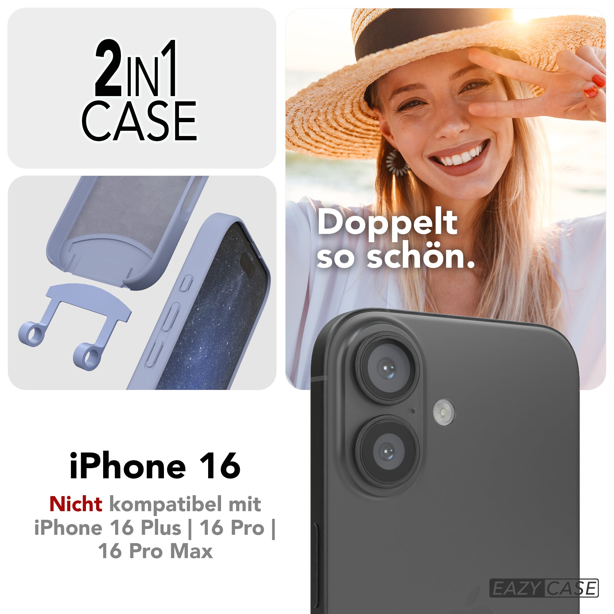 iPhone 16 2in1 Hülle + Kordel mit Karabinern