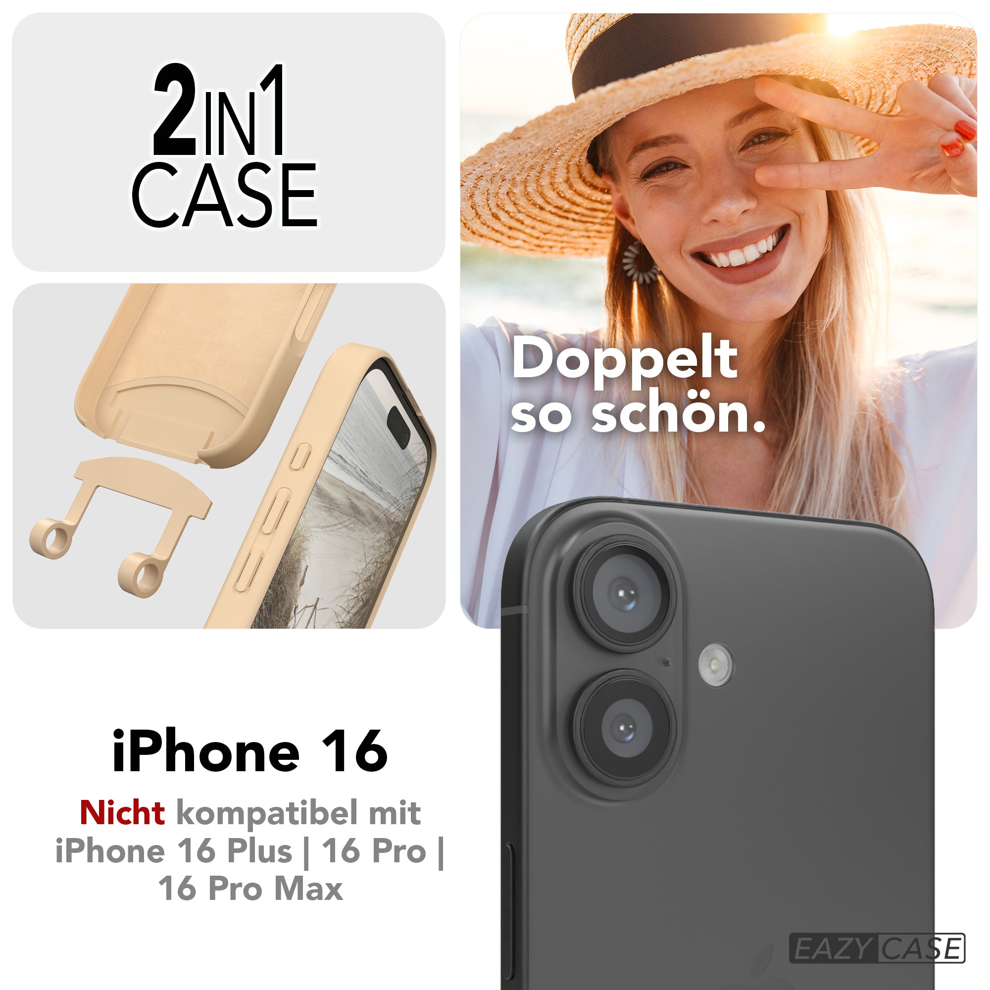 iPhone 16 2in1 Hülle + Kordel mit Karabinern