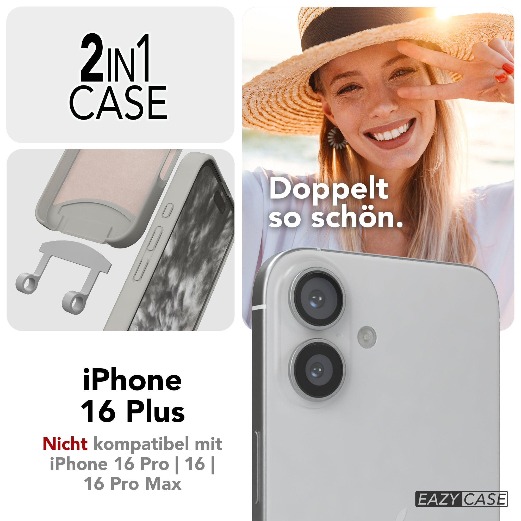 iPhone 16 Plus 2in1 Hülle + Kordel mit Karabinern