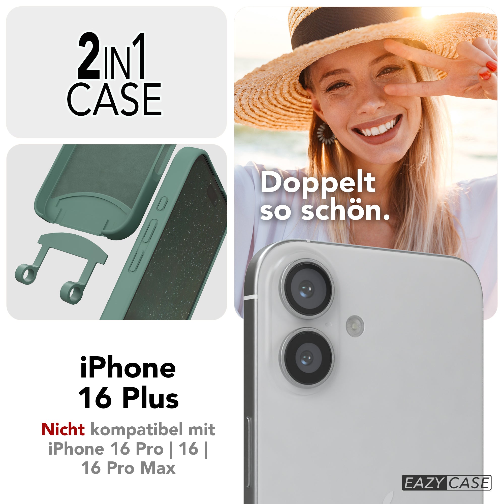 iPhone 16 Plus 2in1 Hülle + Kordel mit Karabinern