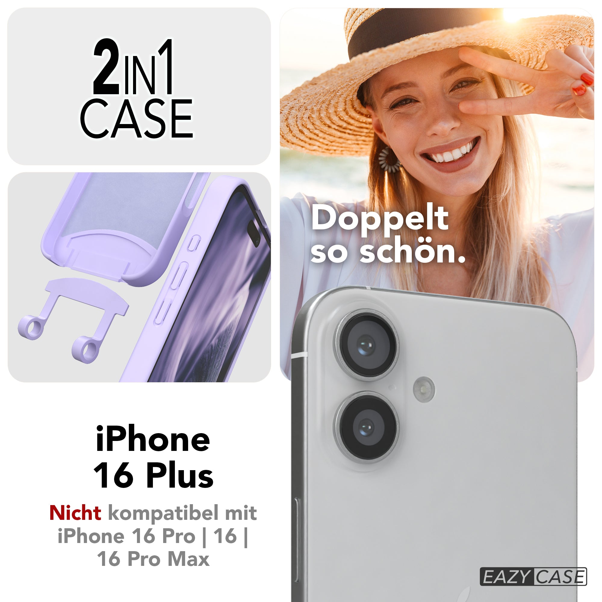 iPhone 16 Plus 2in1 Hülle + Kordel mit Karabinern