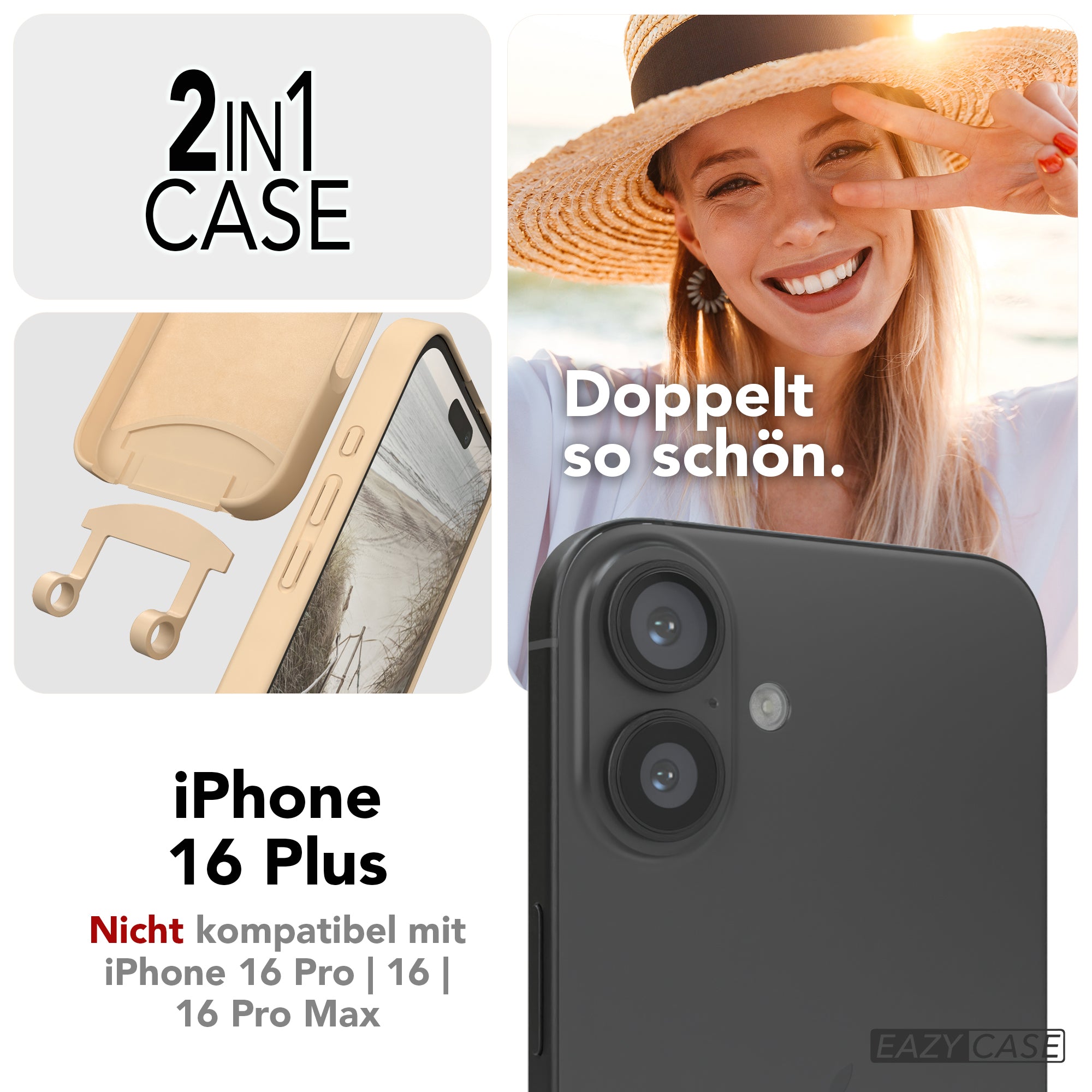 iPhone 16 Plus 2in1 Hülle + Kordel mit Karabinern