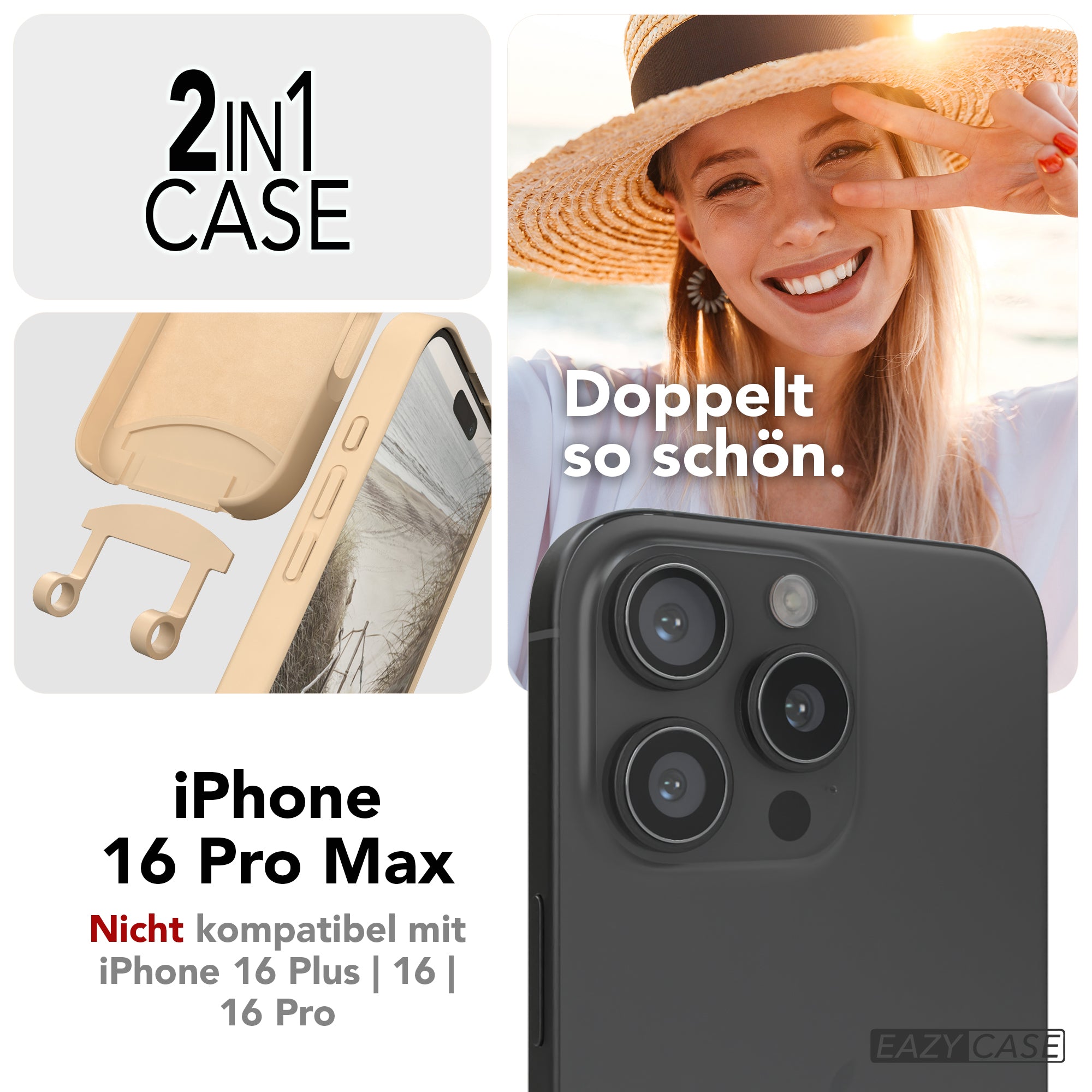 iPhone 16 Pro Max 2in1 Hülle + Kordel mit Karabinern