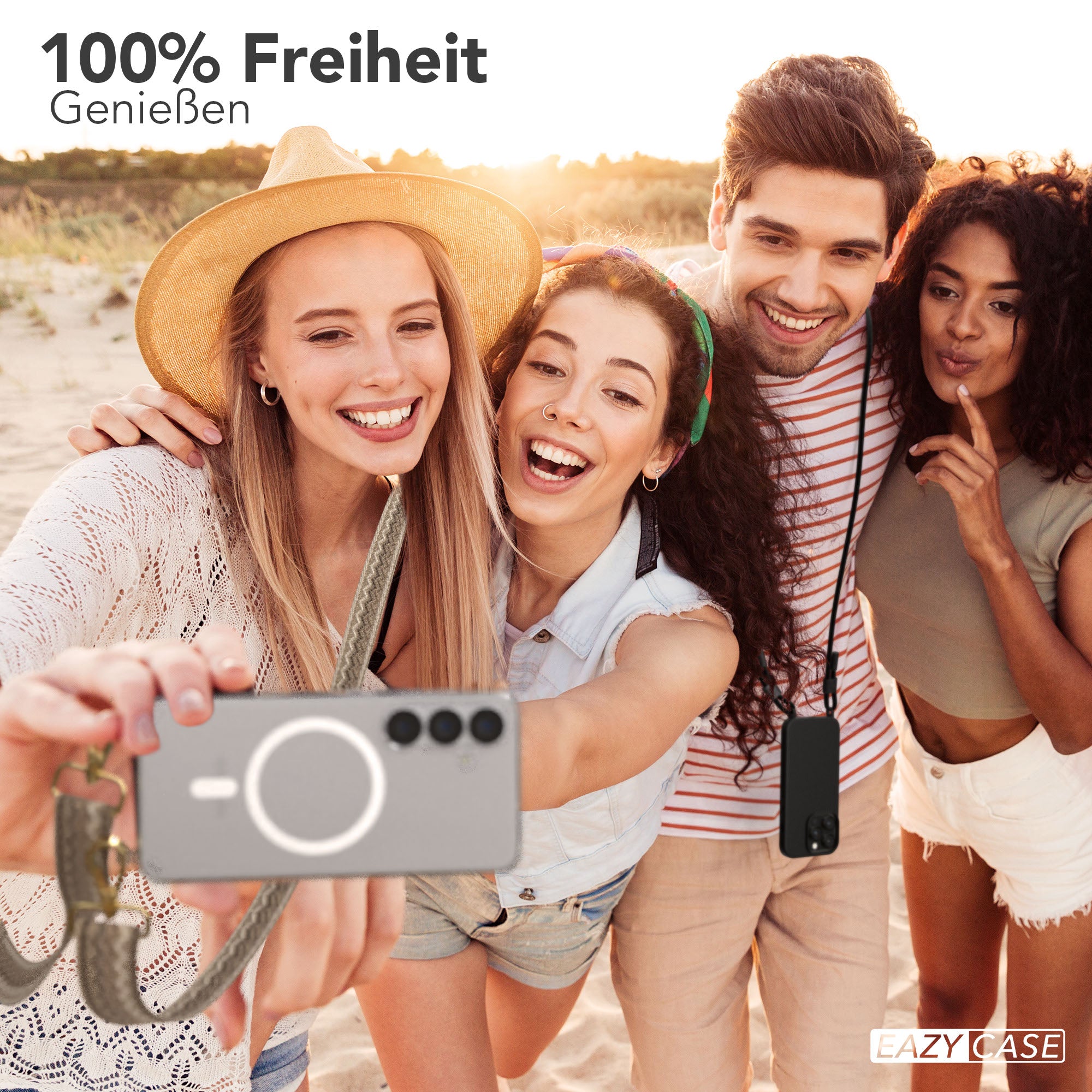 Samsung Galaxy S25 Handykette MagSafe Boho Band verstellbarer Trageriemen #farbe_hellbraun-braun-metallfarbe-gold