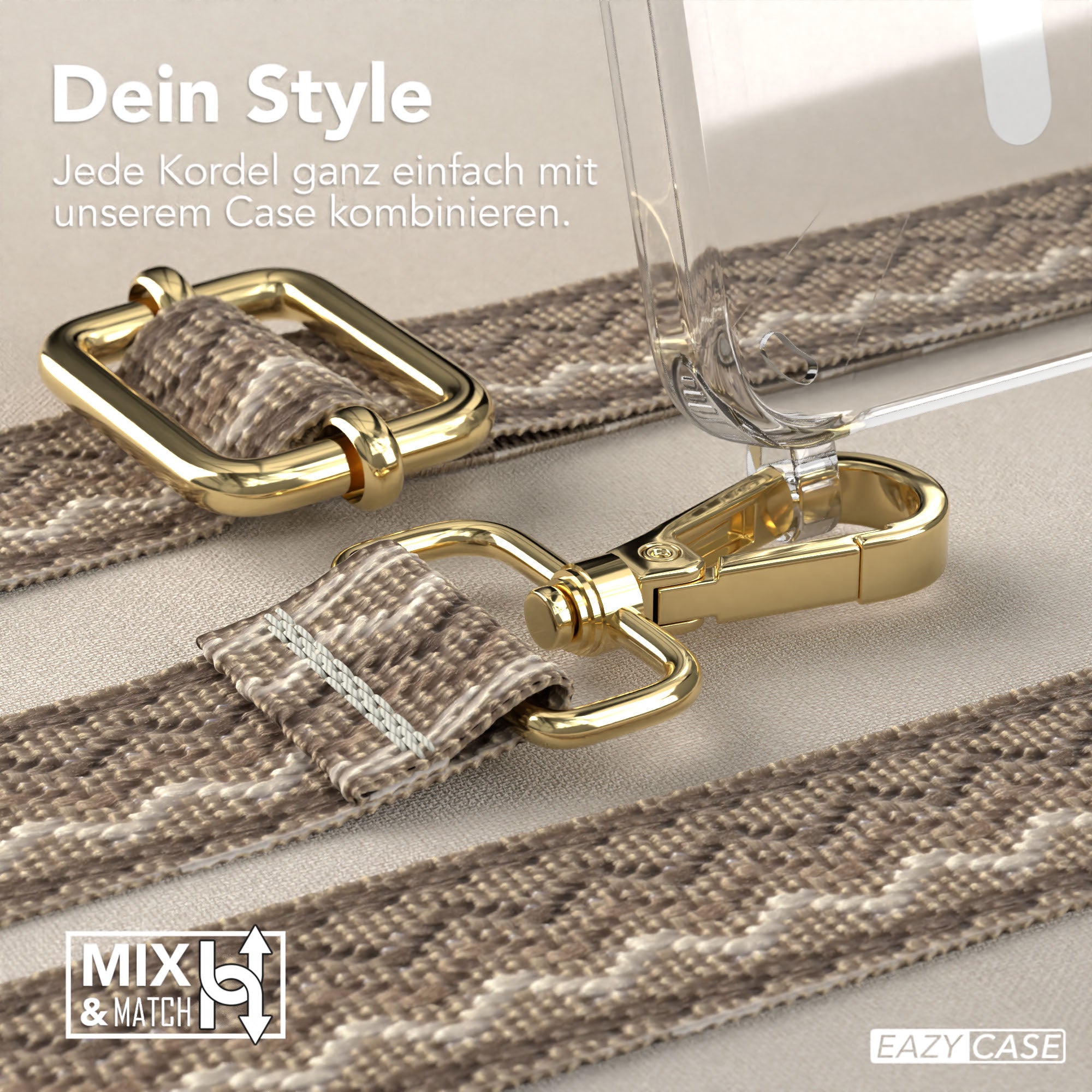 Samsung Galaxy S25 Handykette MagSafe Boho Band verstellbarer Trageriemen #farbe_hellbraun-braun-metallfarbe-gold