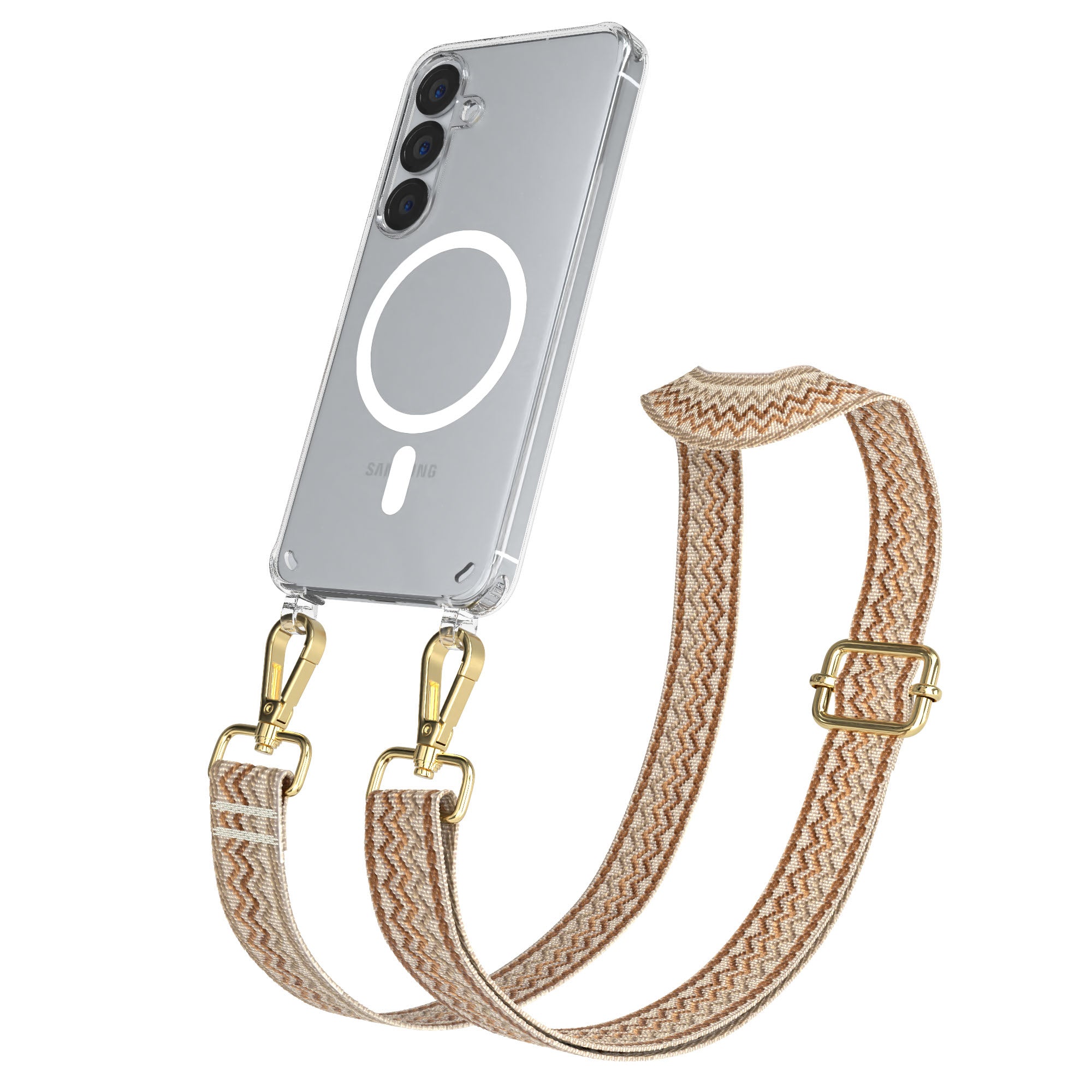 Samsung Galaxy S25 Handykette MagSafe Boho Band verstellbarer Trageriemen #farbe_beige-braun-metallfarbe-gold