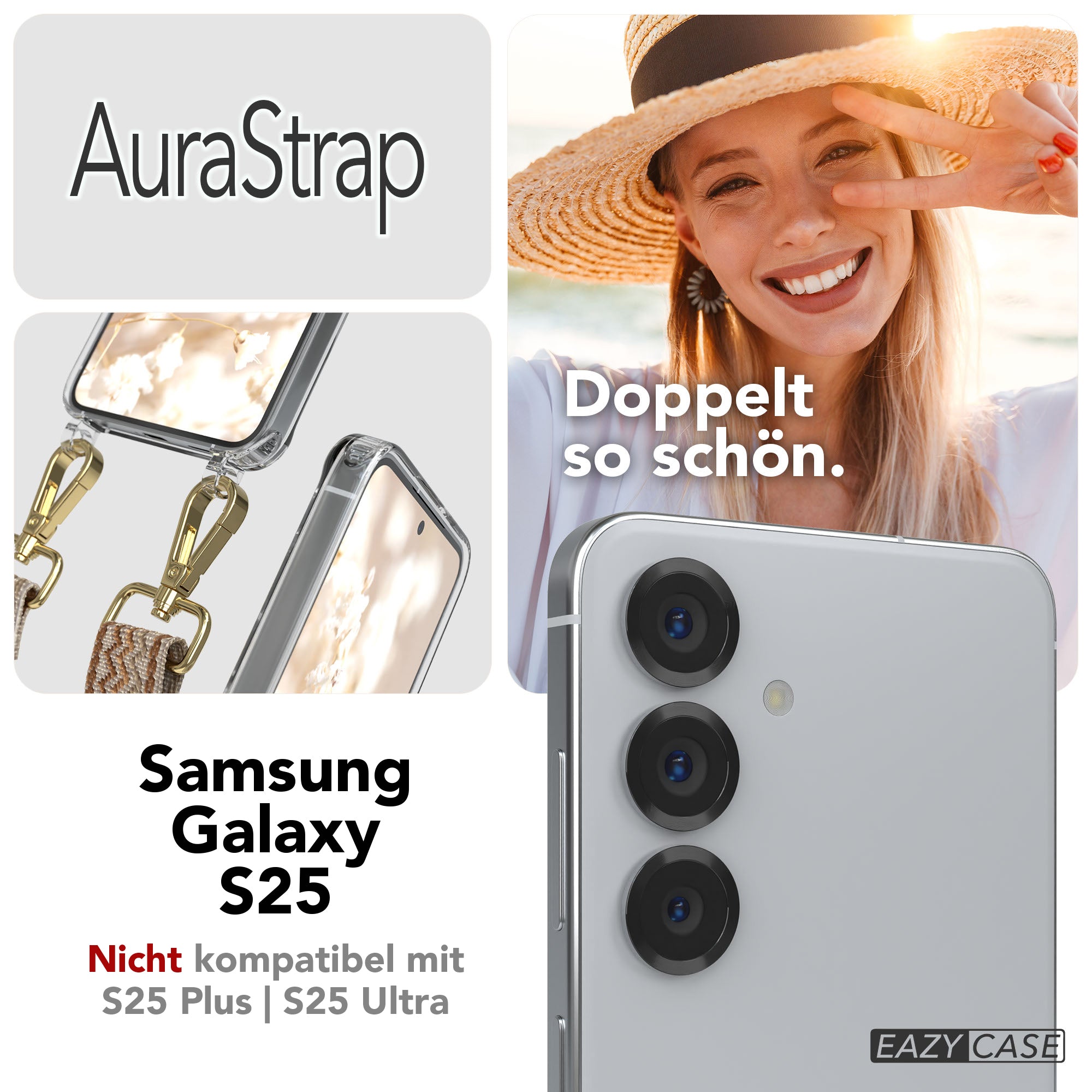 Samsung Galaxy S25 Handykette MagSafe Boho Band verstellbarer Trageriemen #farbe_beige-braun-metallfarbe-gold