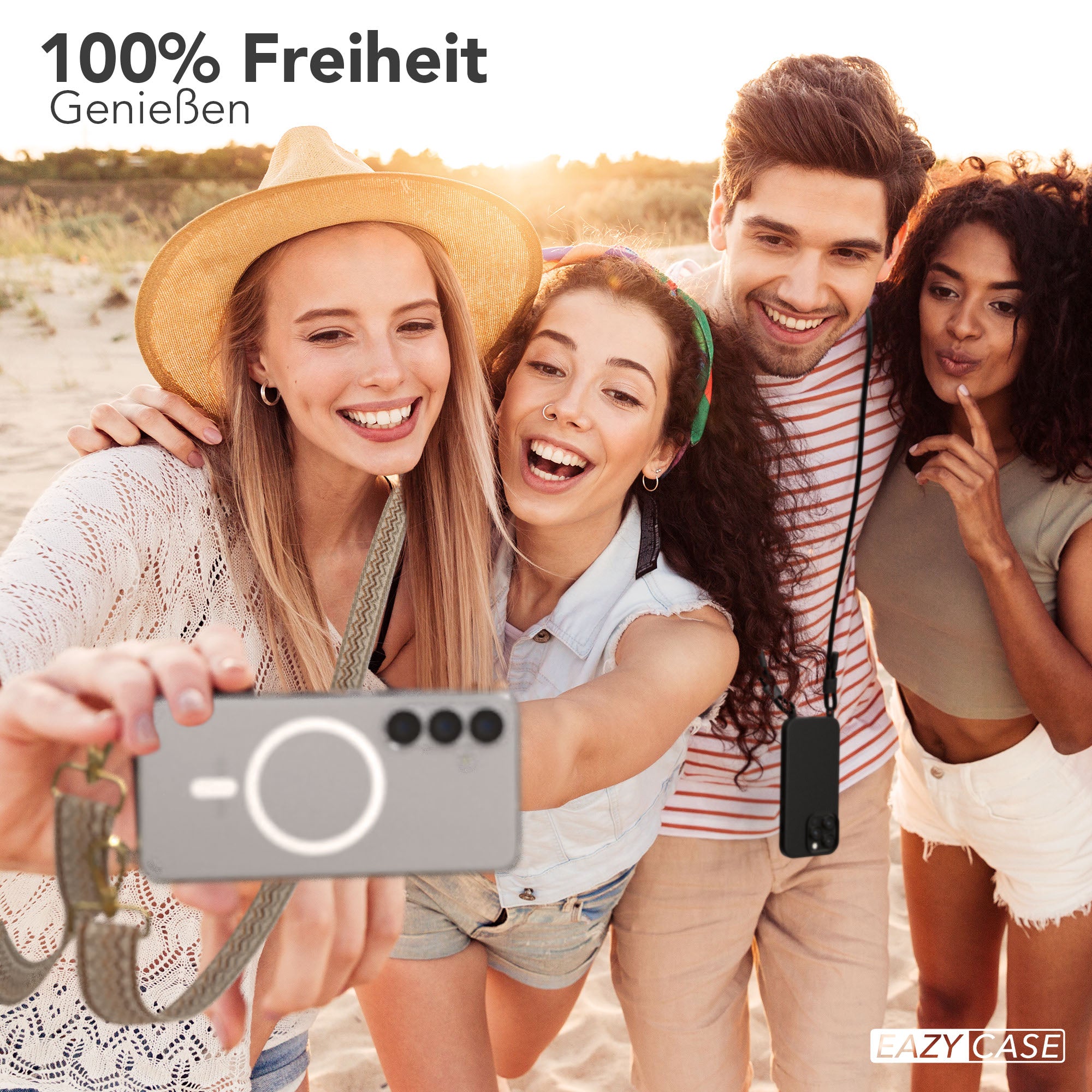 Samsung Galaxy S25 Handykette MagSafe Boho Band verstellbarer Trageriemen #farbe_beige-braun-metallfarbe-gold