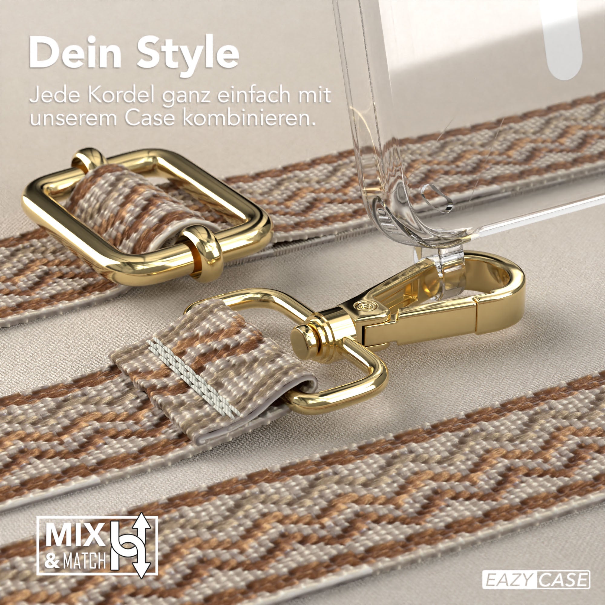 Samsung Galaxy S25 Handykette MagSafe Boho Band verstellbarer Trageriemen #farbe_beige-braun-metallfarbe-gold