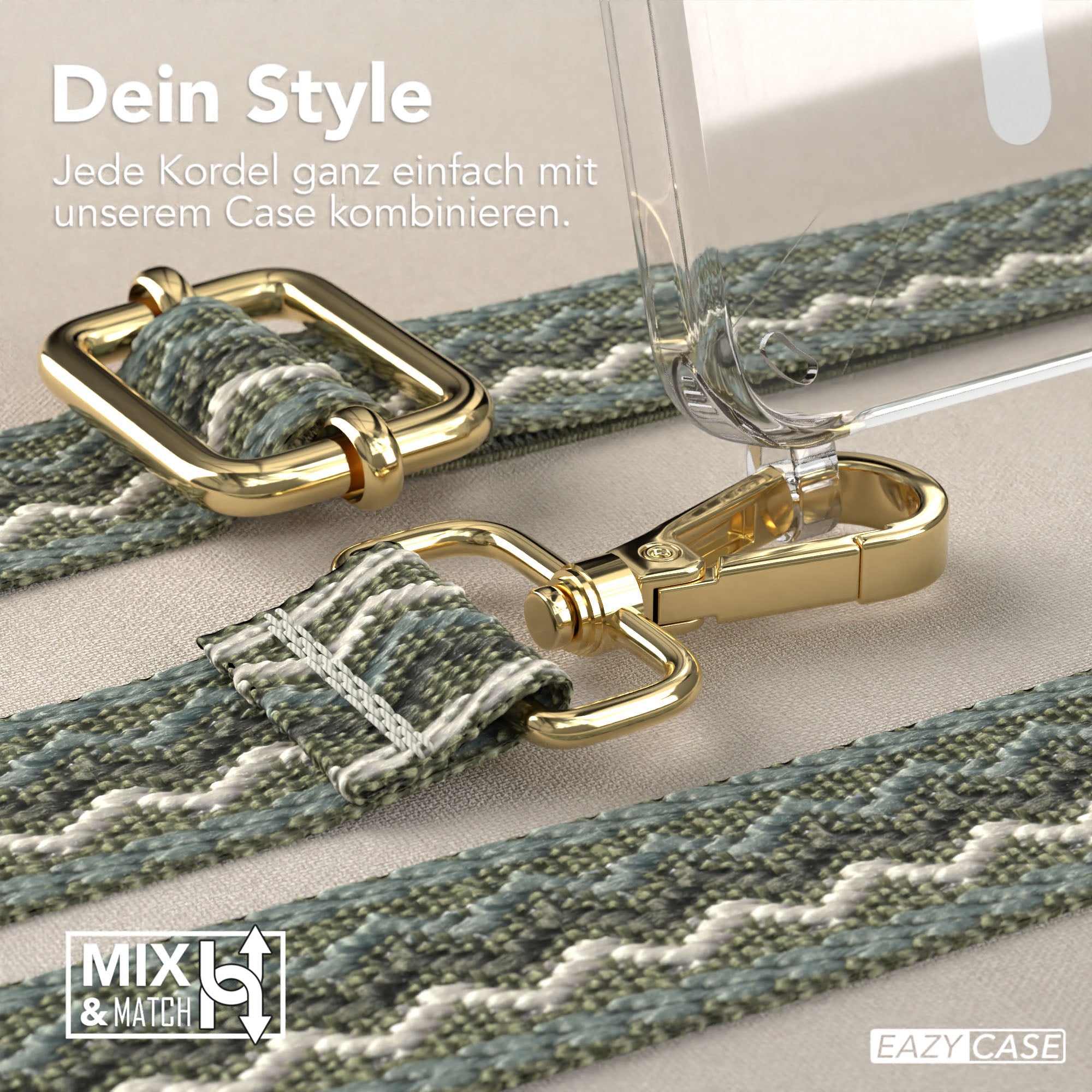 Samsung Galaxy S25 Handykette MagSafe Boho Band verstellbarer Trageriemen #farbe_grun-beige-metallfarbe-gold