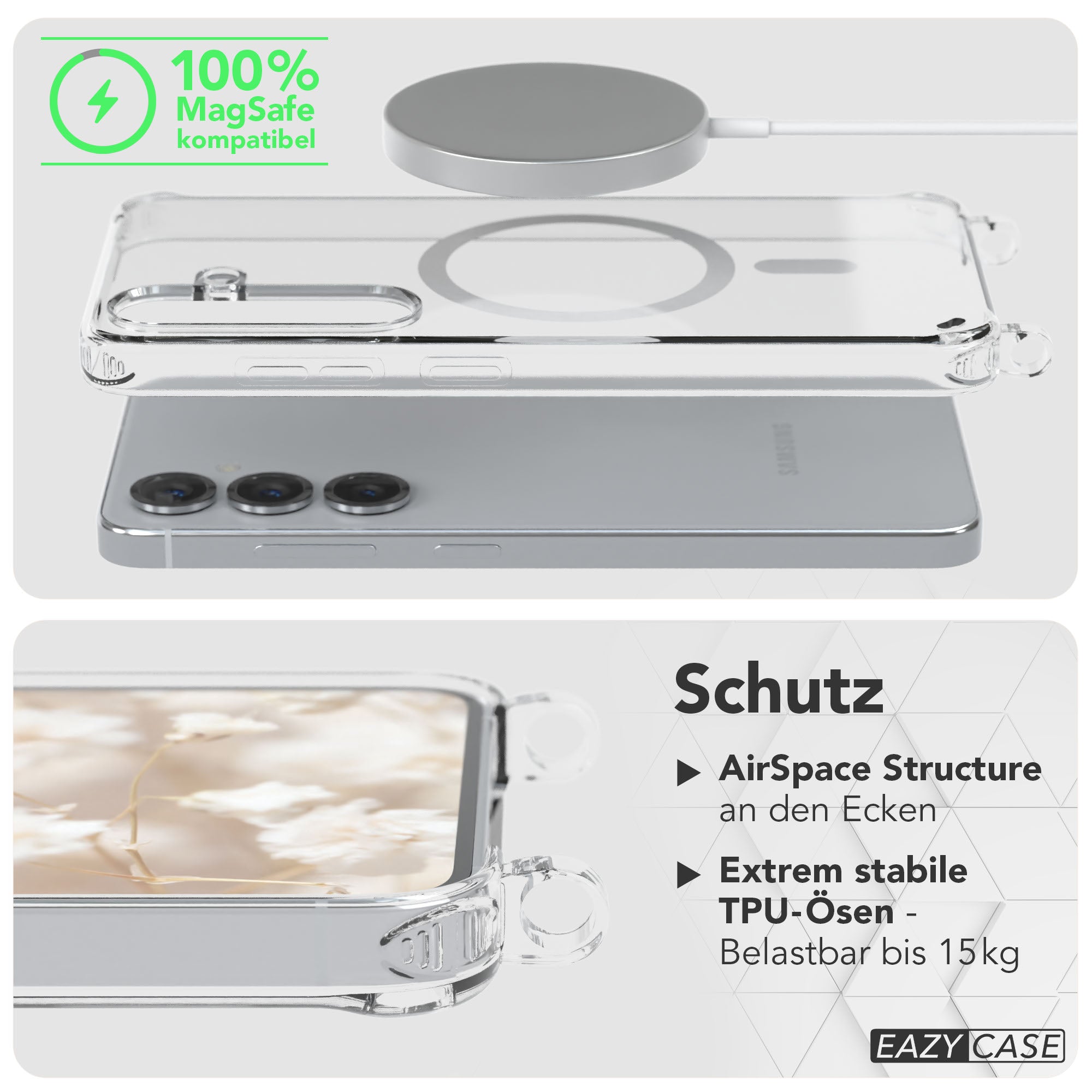 Samsung Galaxy S25 Handykette MagSafe Boho Band verstellbarer Trageriemen #farbe_grun-beige-metallfarbe-gold