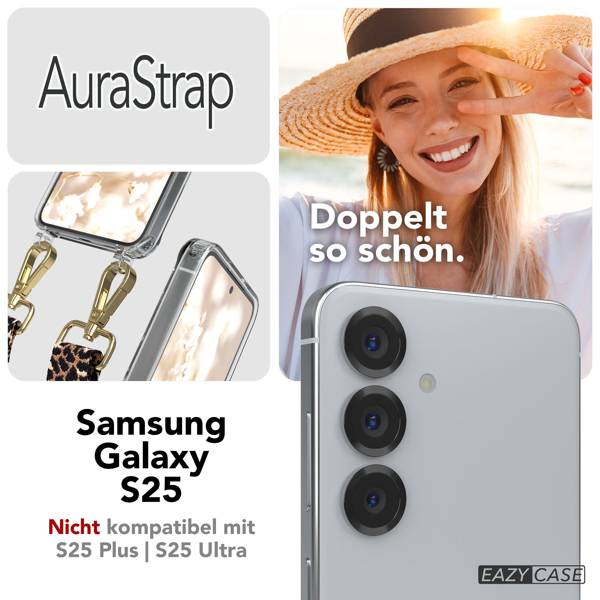 Samsung Galaxy S25 Handykette MagSafe Boho Band verstellbarer Trageriemen #farbe_leo-schwarz-metallfarbe-gold