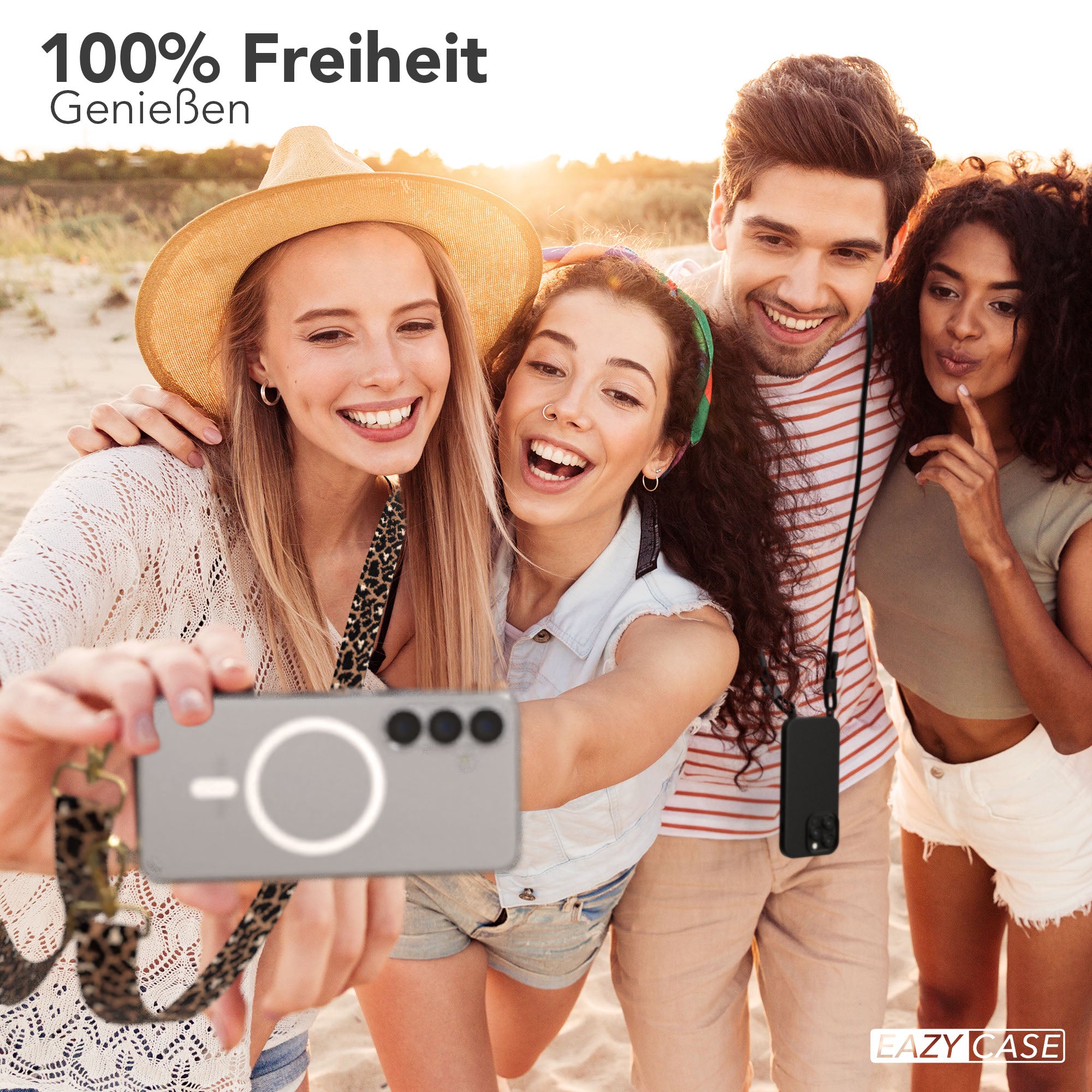 Samsung Galaxy S25 Handykette MagSafe Boho Band verstellbarer Trageriemen #farbe_leo-schwarz-metallfarbe-gold