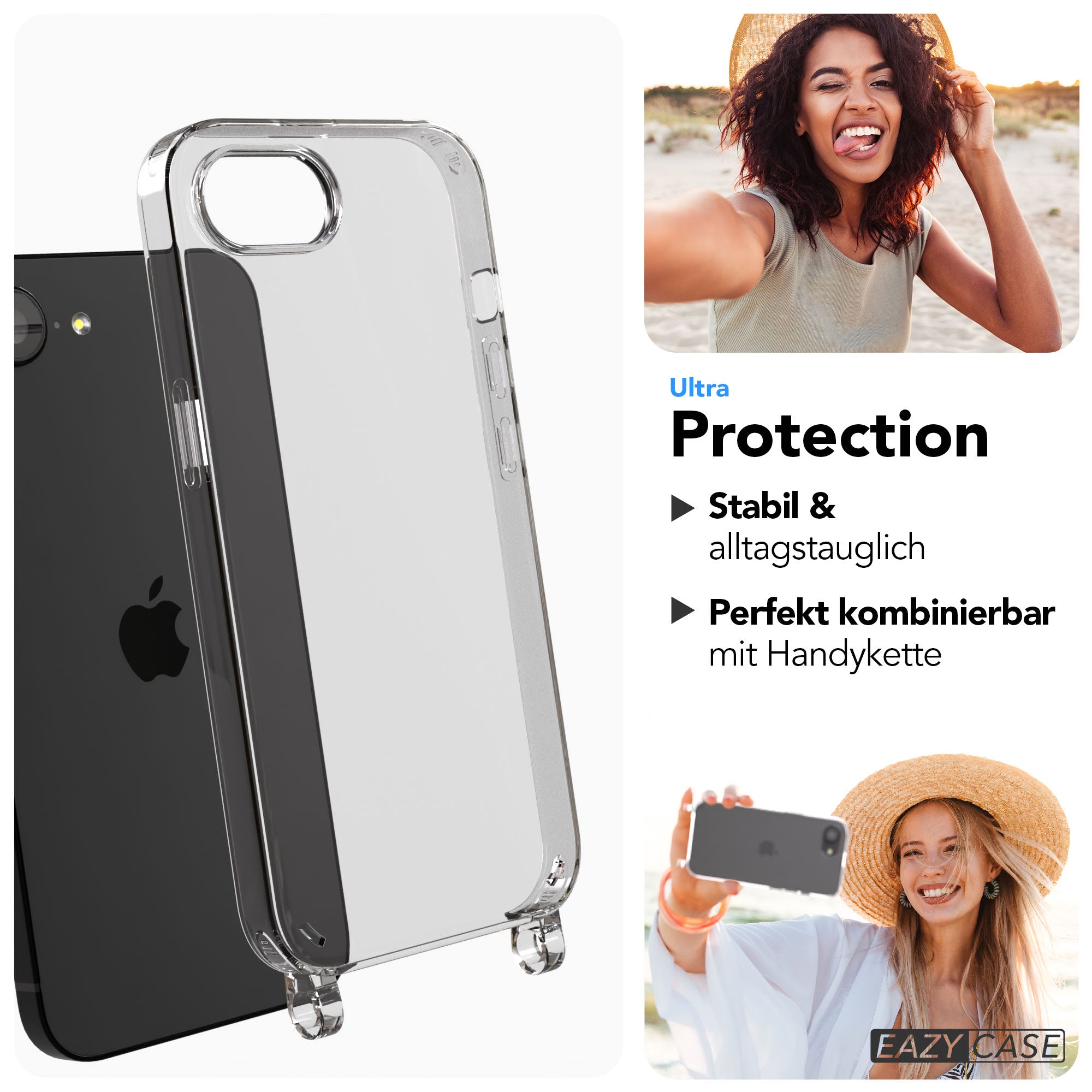 iPhone 16e transparente Schutzhülle mit integrierten Befestigungsösen für Handyketten