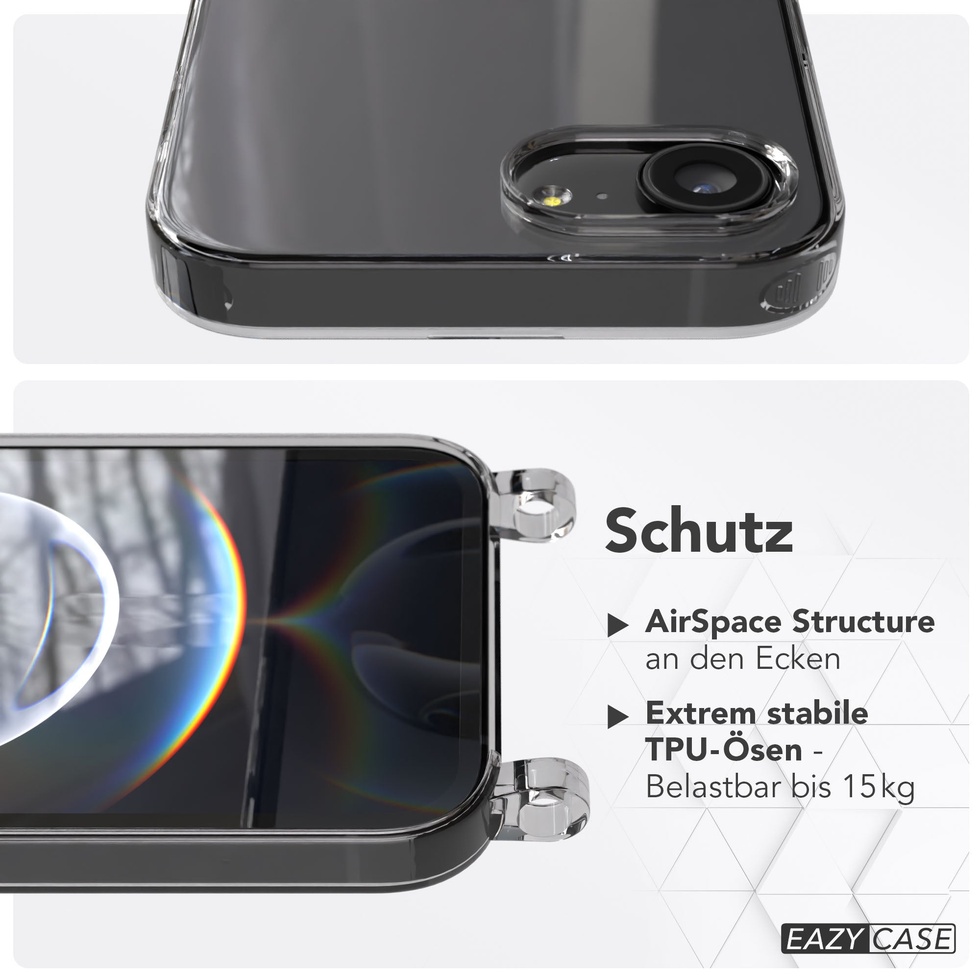 iPhone 16e transparente Schutzhülle mit integrierten Befestigungsösen für Handyketten