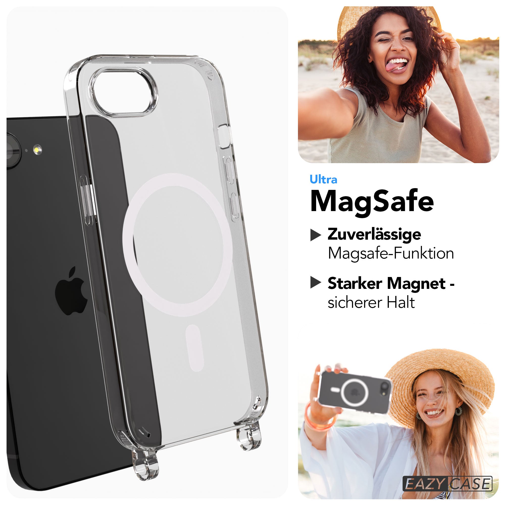 iPhone 16e Handyhülle transparent mit MagSafe Magnetring und Befestigungsösen für Handyketten