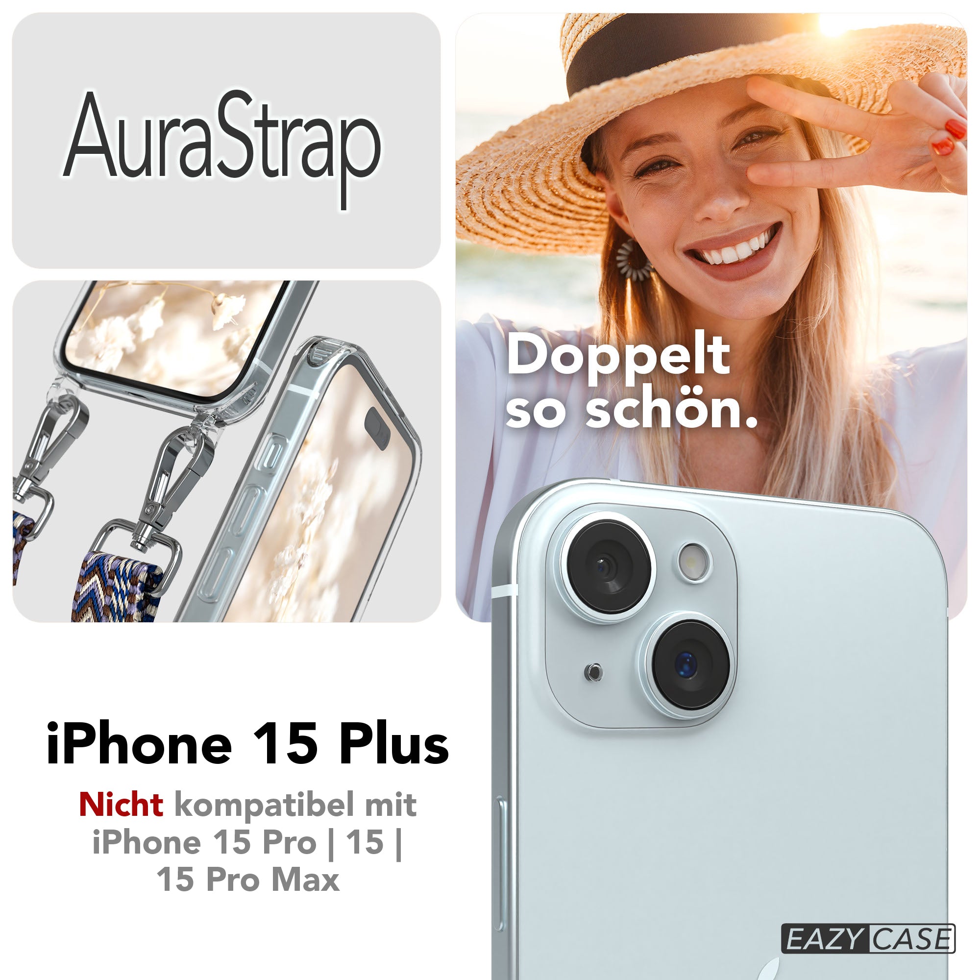 iPhone 15 Plus MagSafe Handykette mit verstellbarem Boho Band Set