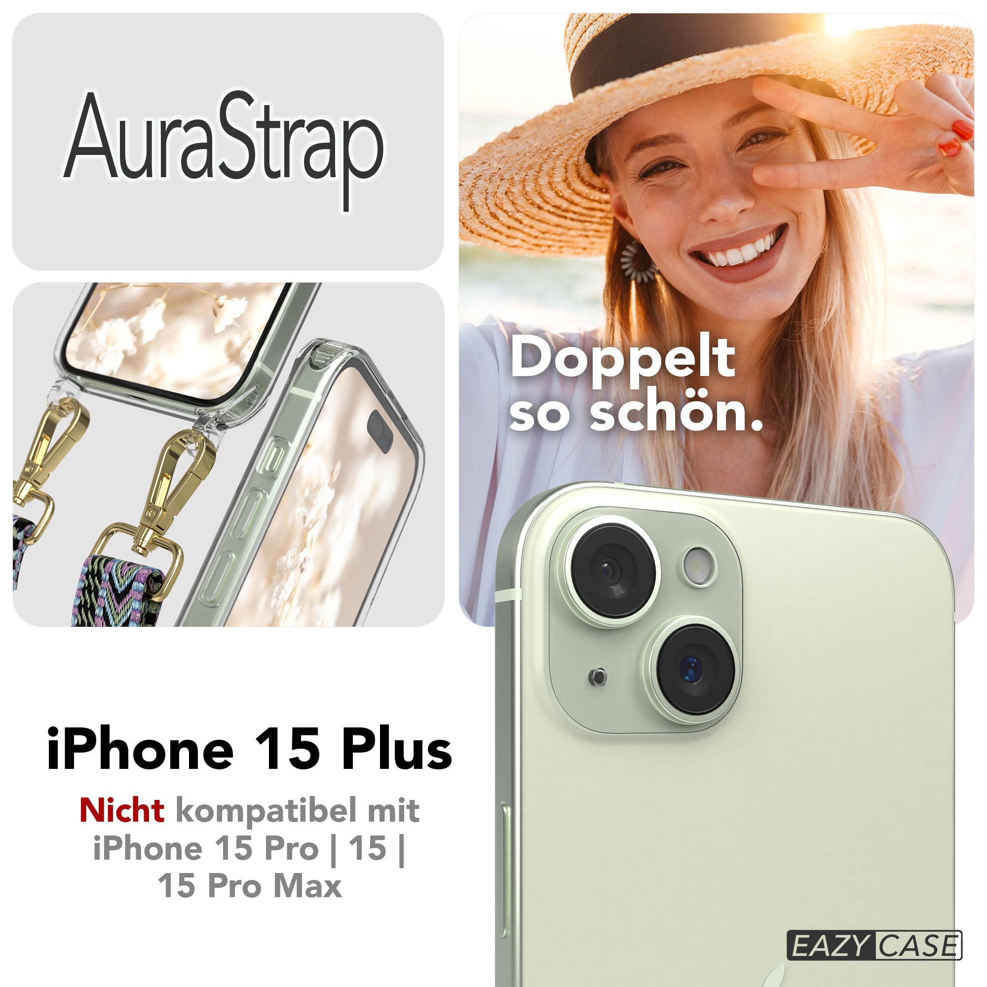 iPhone 15 Plus MagSafe Handykette mit verstellbarem Boho Band Set
