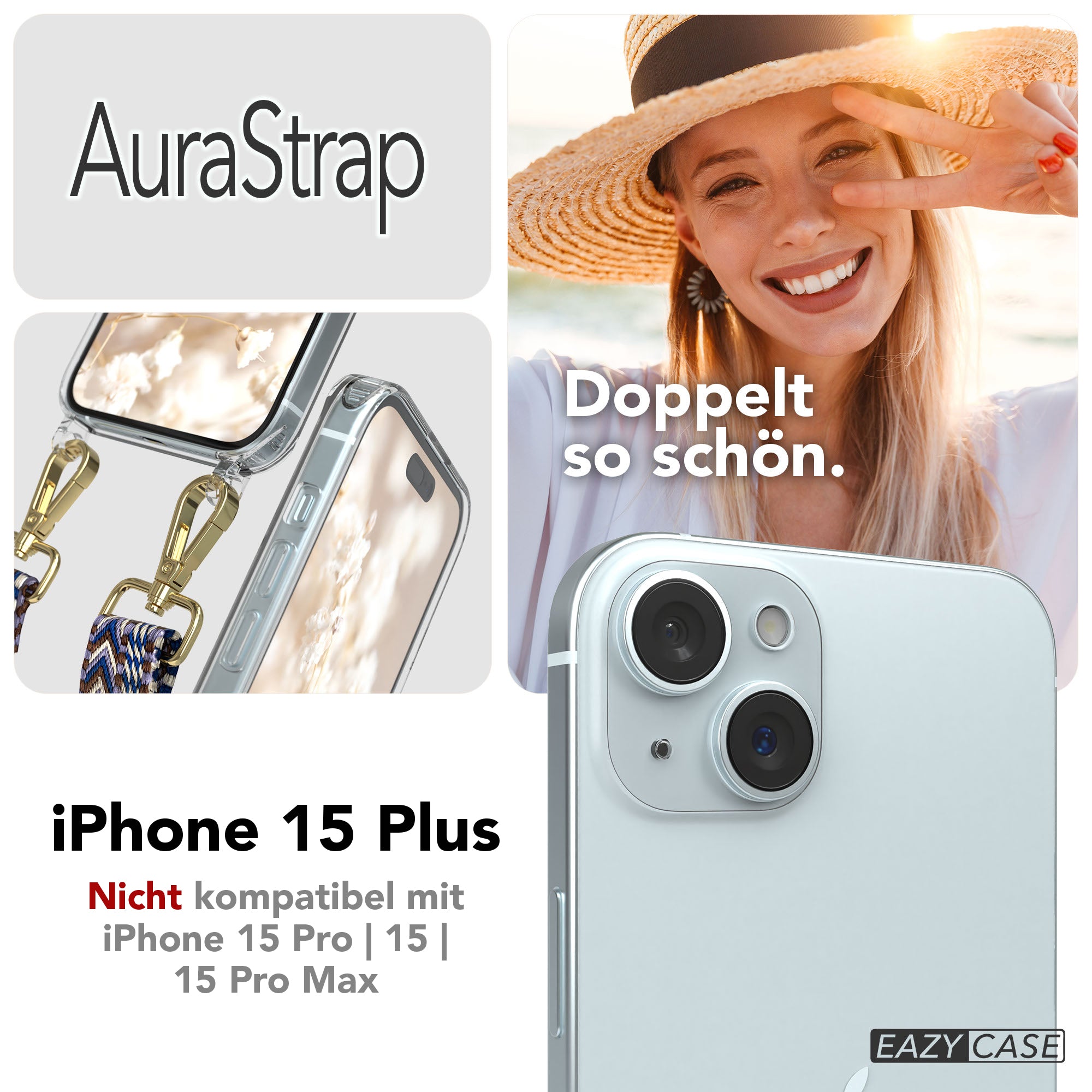 iPhone 15 Plus MagSafe Handykette mit verstellbarem Boho Band Set