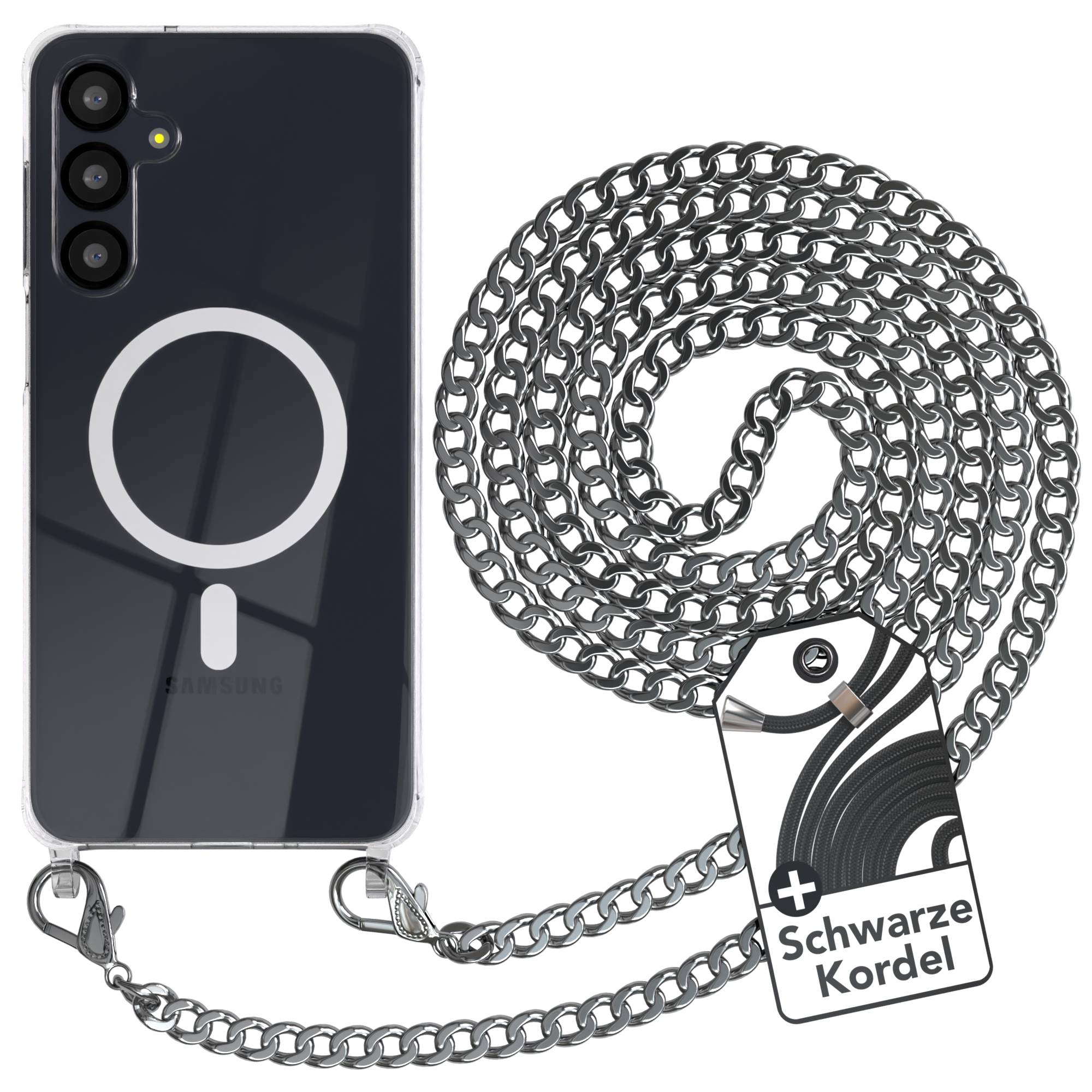 Galaxy A16 Hülle mit Metallkette + Schwarze Kordel mit MagSafe
