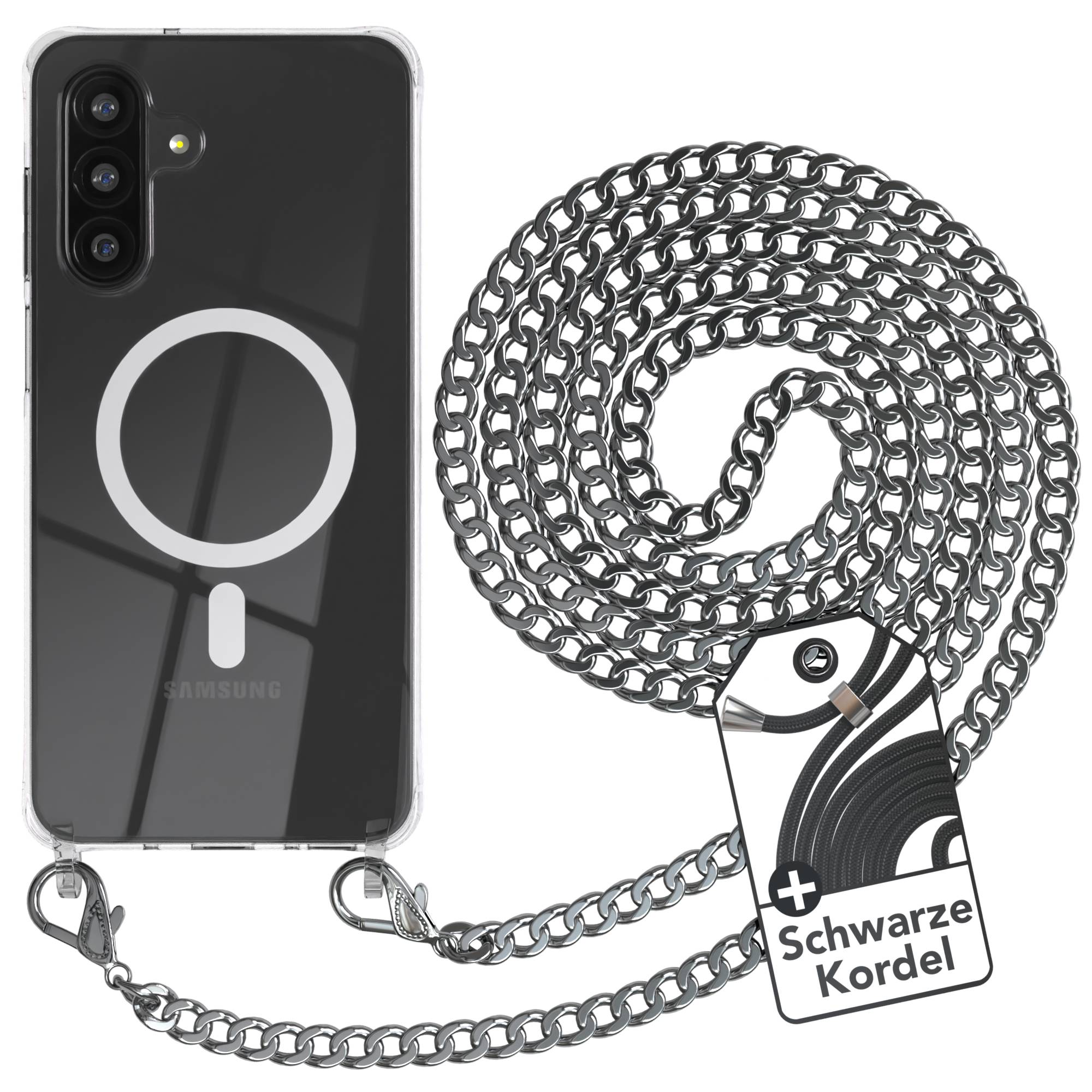 Galaxy A26 Hülle mit Metallkette + Schwarze Kordel mit MagSafe