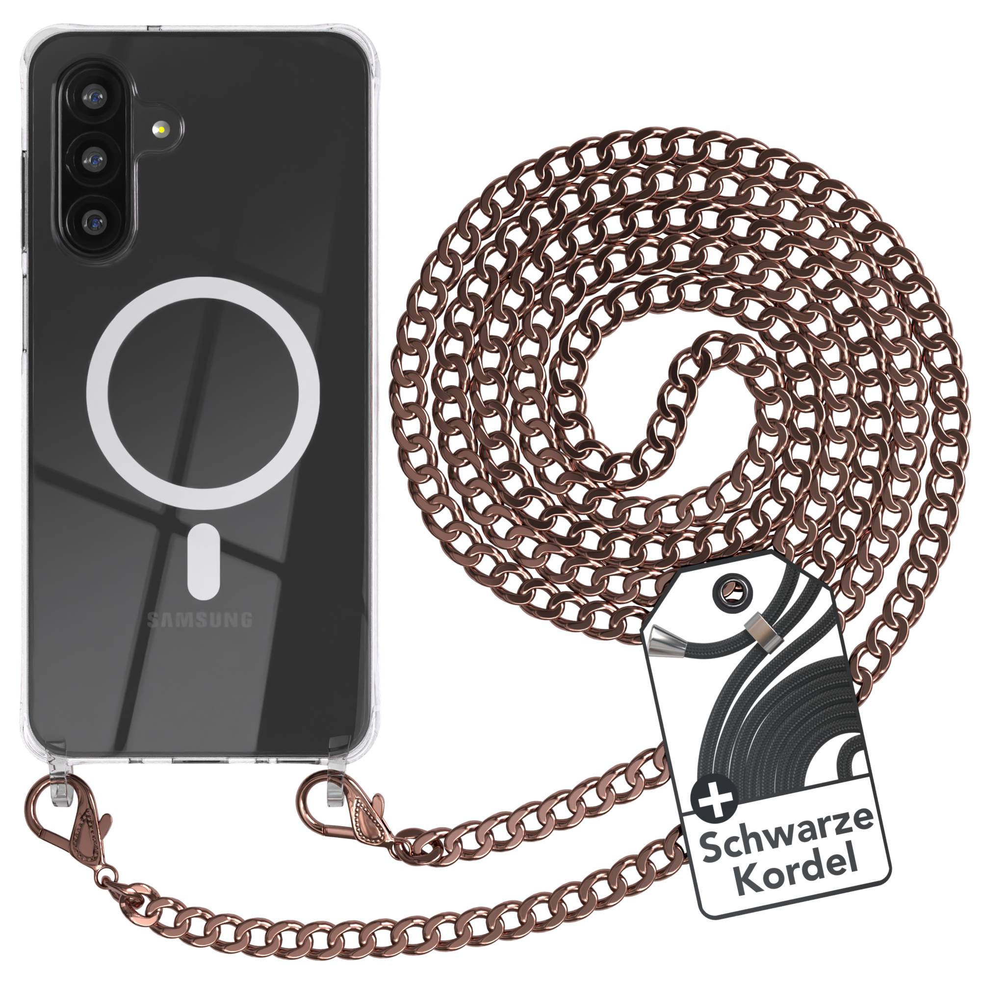 Galaxy A26 Hülle mit Metallkette + Schwarze Kordel mit MagSafe