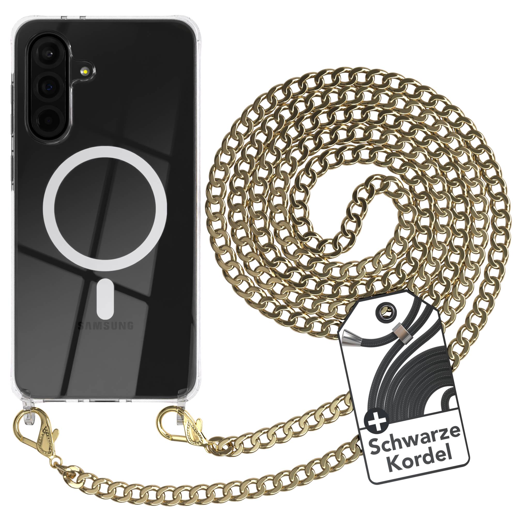 Galaxy A36 Hülle mit Metallkette + Schwarze Kordel mit MagSafe