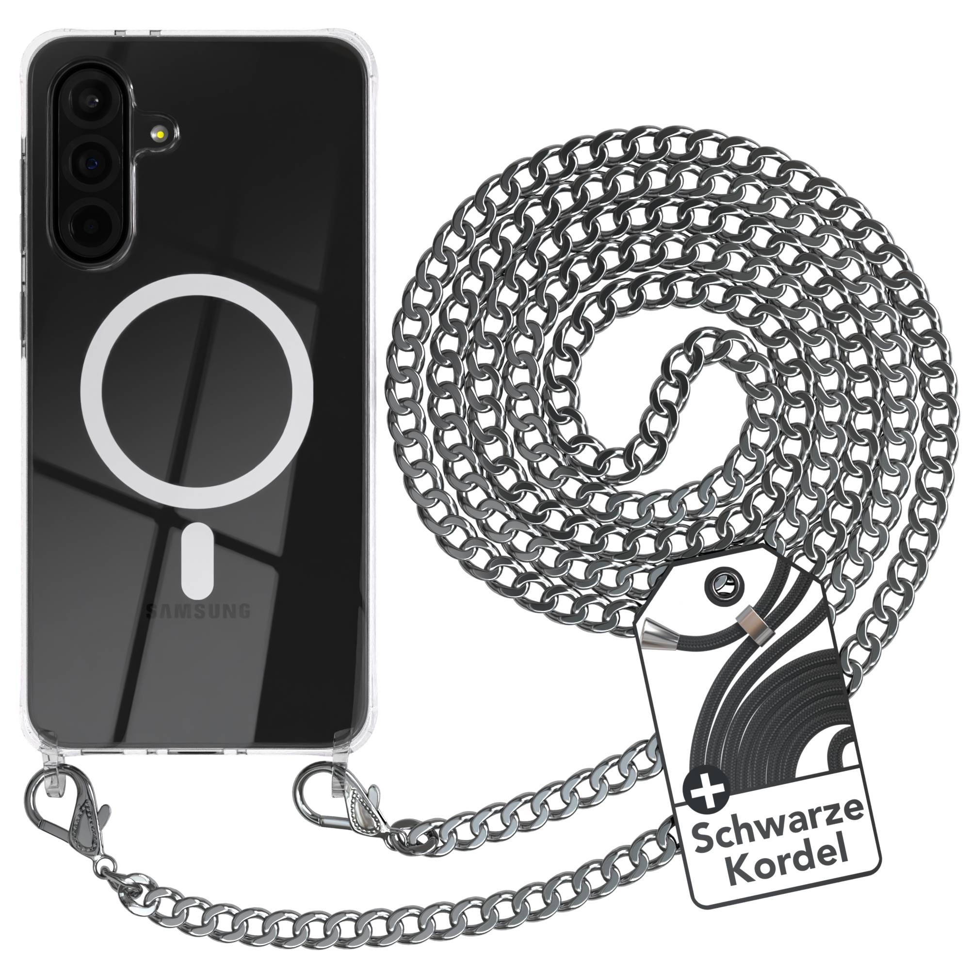 Galaxy A36 Hülle mit Metallkette + Schwarze Kordel mit MagSafe