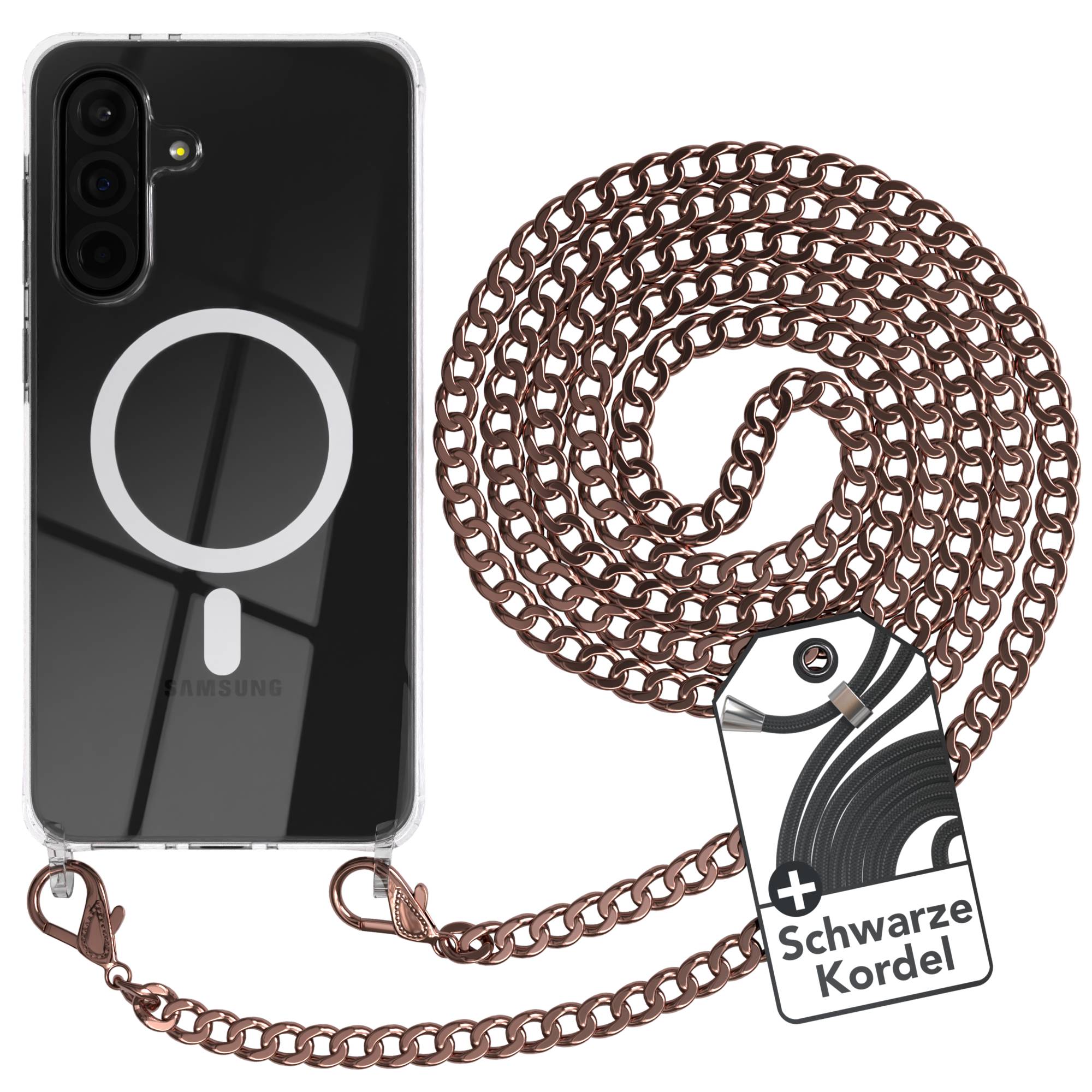 Galaxy A36 Hülle mit Metallkette + Schwarze Kordel mit MagSafe