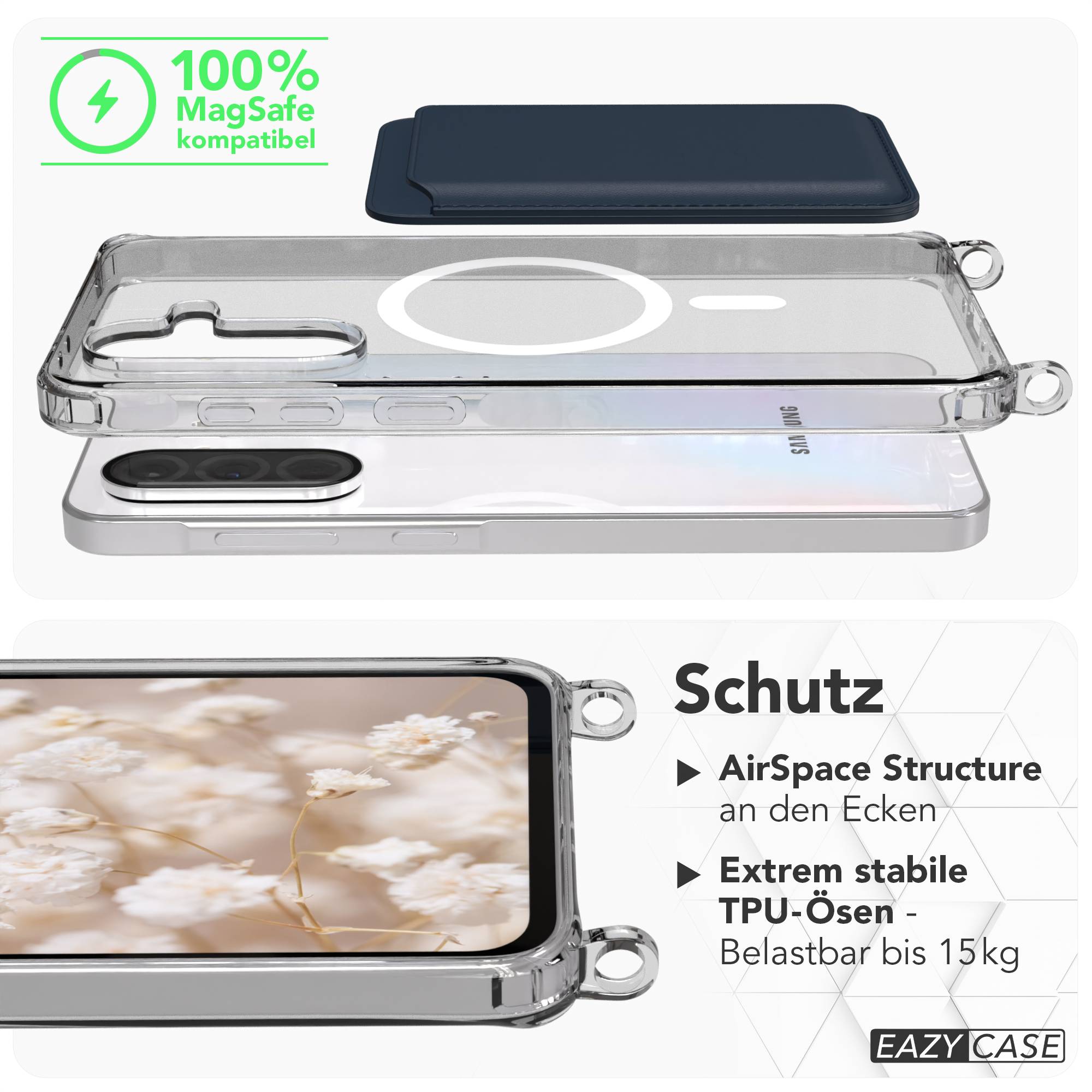 Galaxy A36 Hülle mit Metallkette + Schwarze Kordel mit MagSafe