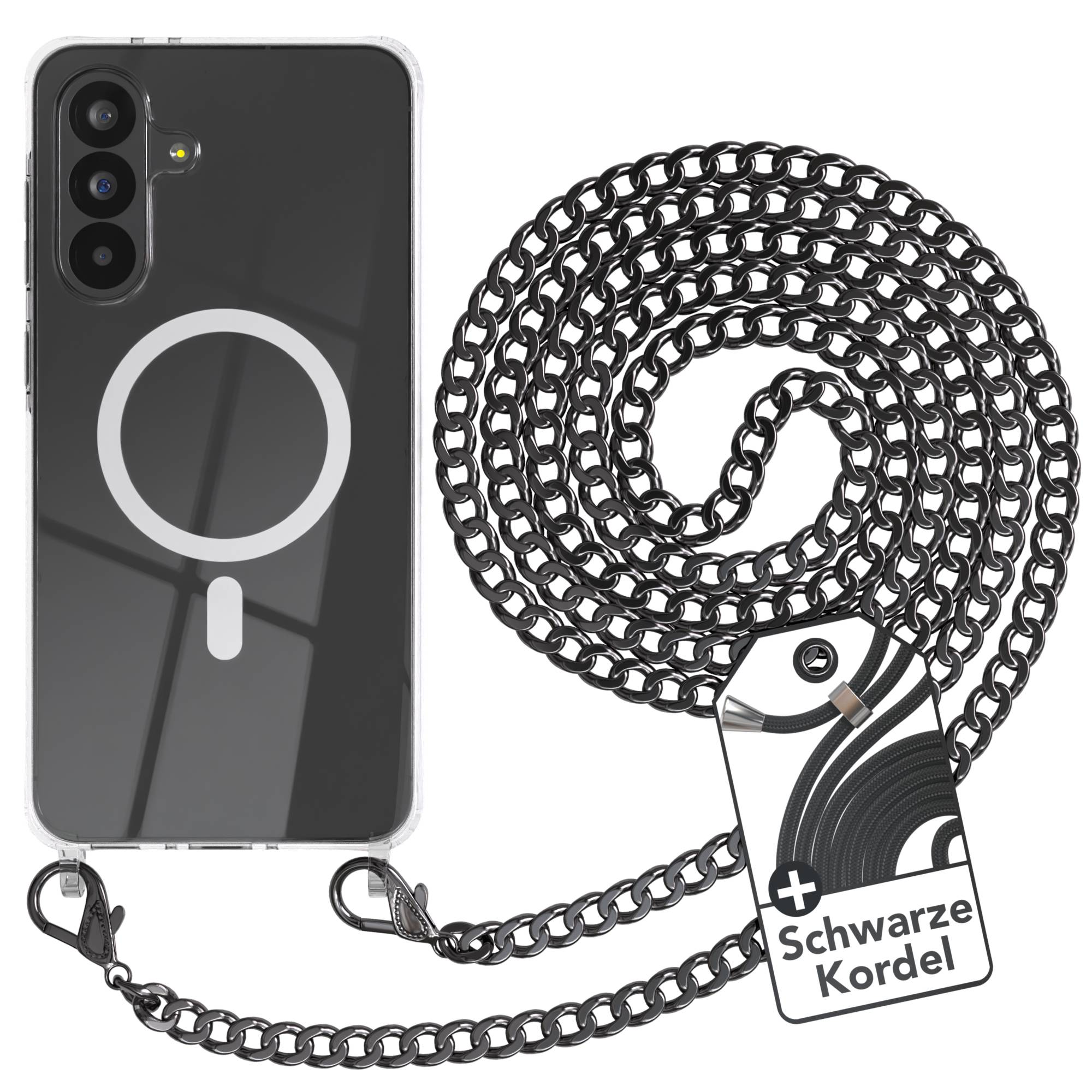 Galaxy A56 Hülle mit Metallkette + Schwarze Kordel mit MagSafe