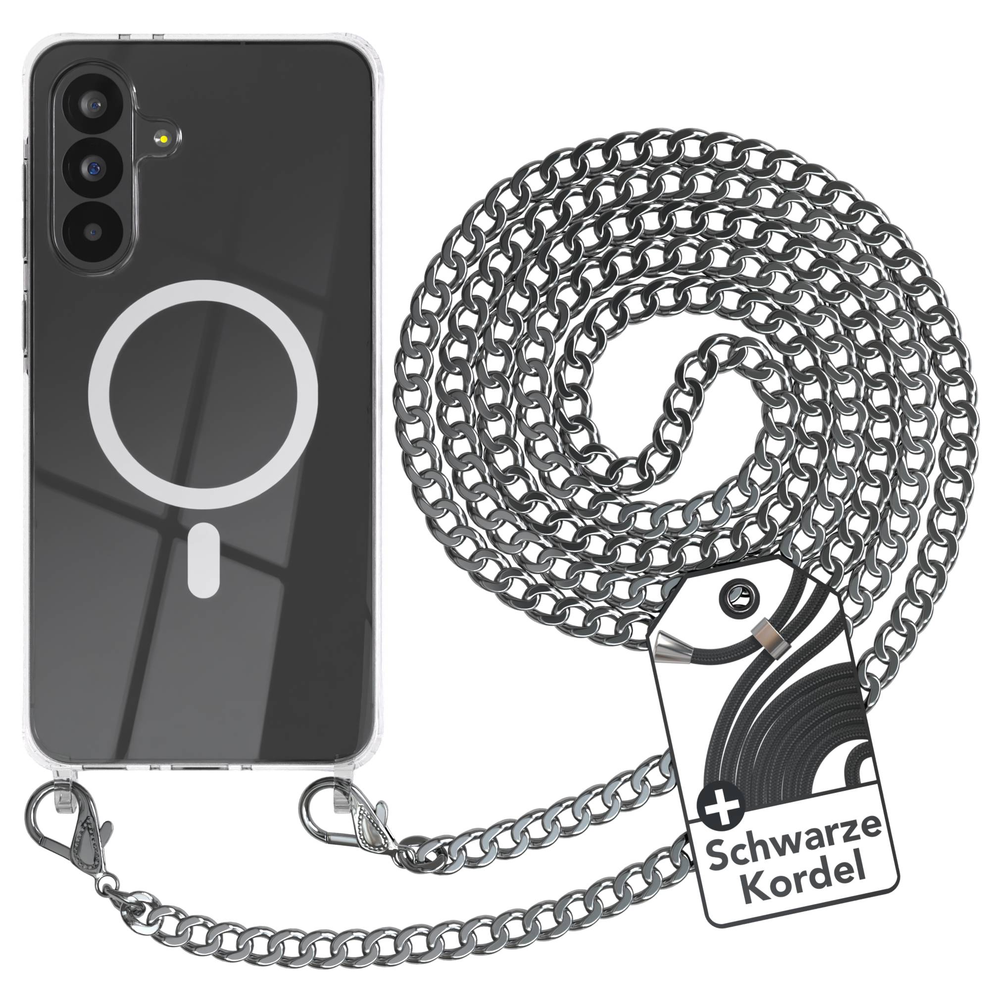 Galaxy A56 Hülle mit Metallkette + Schwarze Kordel mit MagSafe