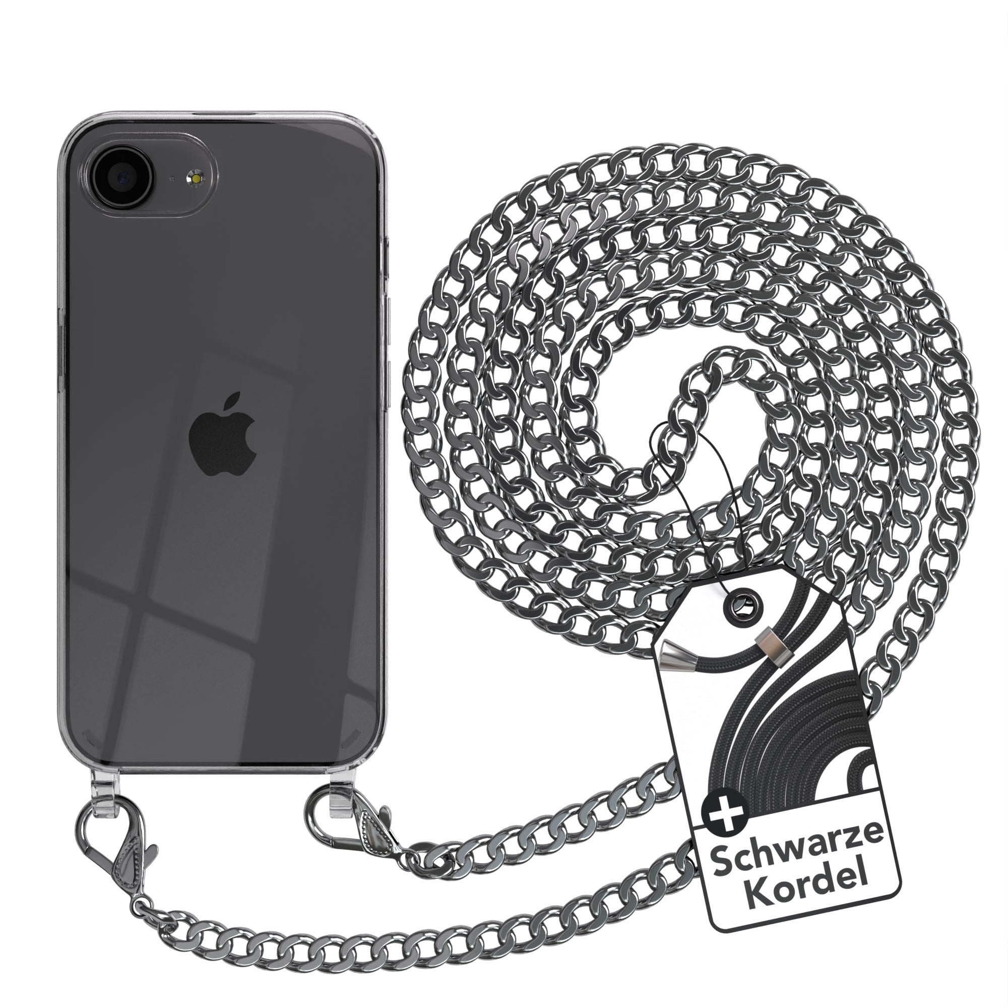 iPhone 16e Hülle mit Metallkette + Schwarze Kordel