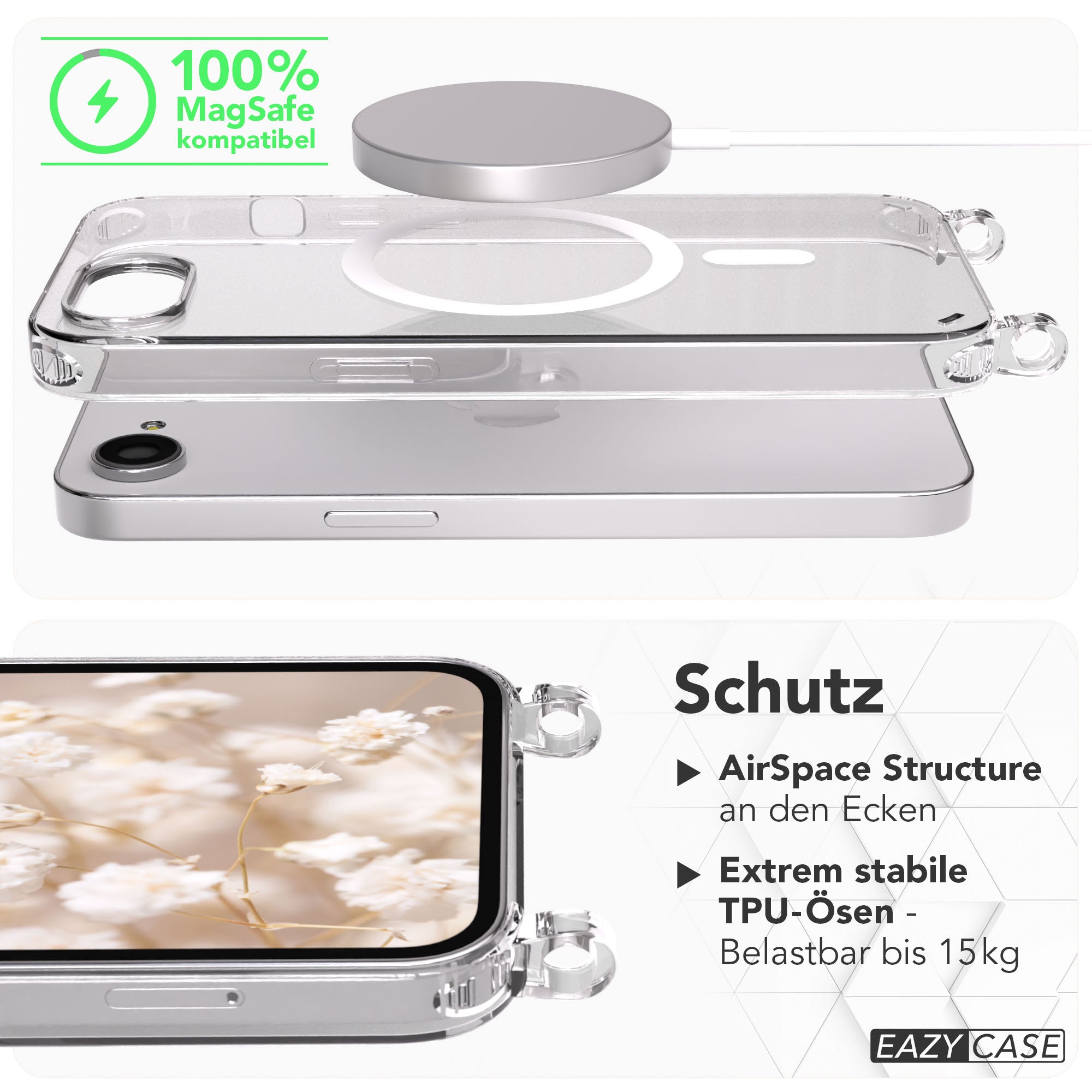 iPhone 16e transparente Hülle + Kordel mit MagSafe