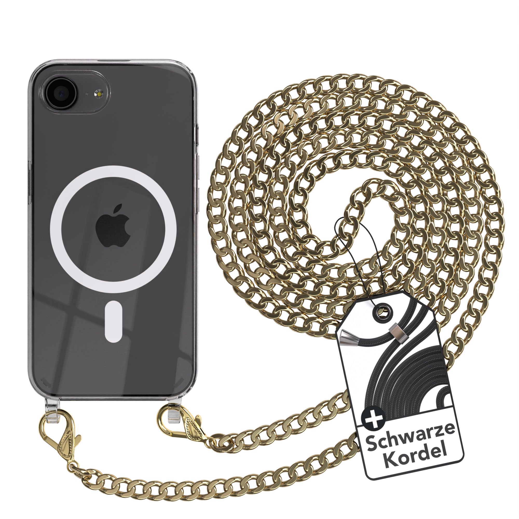 iPhone 16e Hülle mit Metallkette + Schwarze Kordel mit MagSafe