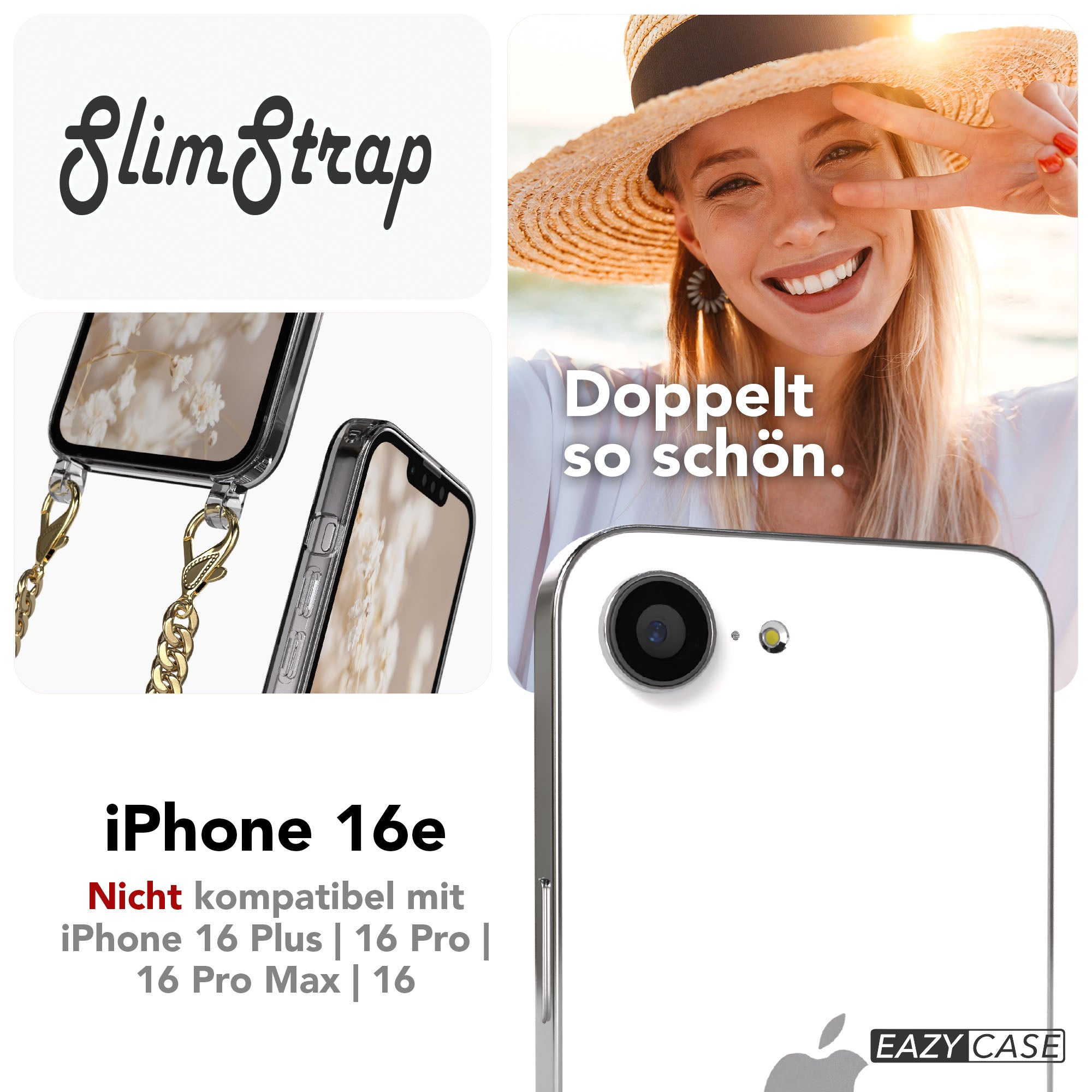 iPhone 16e Hülle mit Metallkette + Schwarze Kordel mit MagSafe
