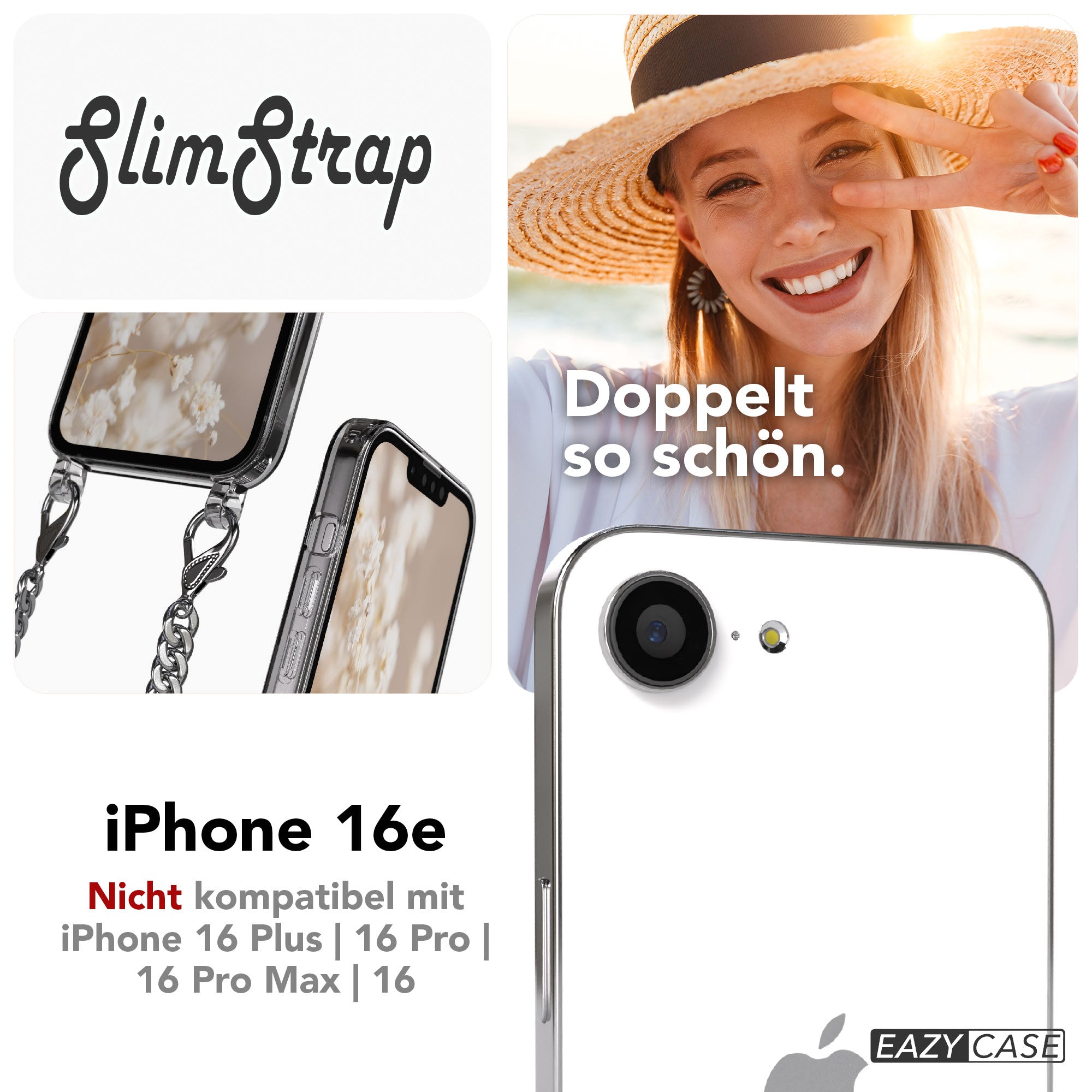 iPhone 16e Hülle mit Metallkette + Schwarze Kordel mit MagSafe