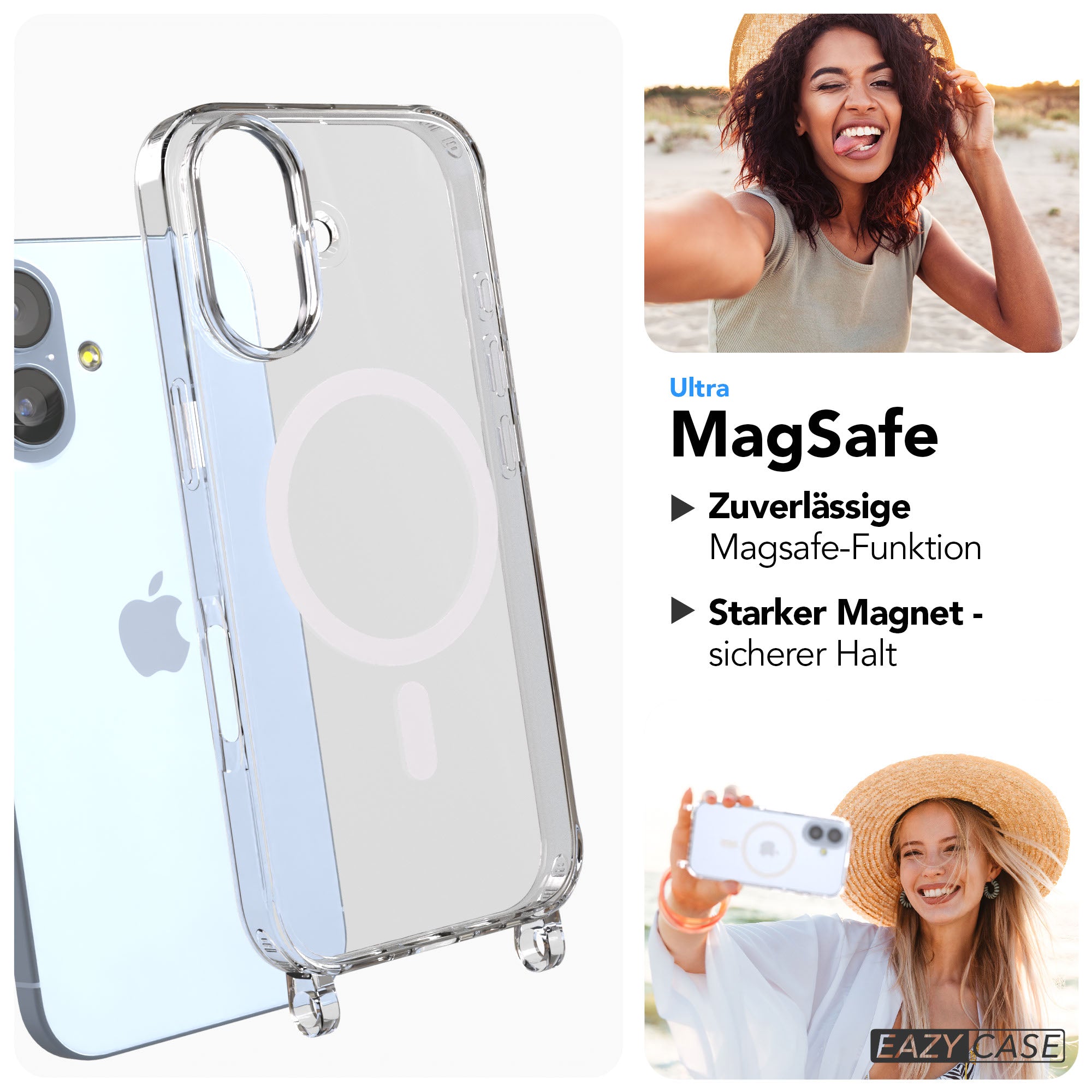 iPhone 17 transparente Hülle mit MagSafe Ring und Befestigungsösen für Handyketten
