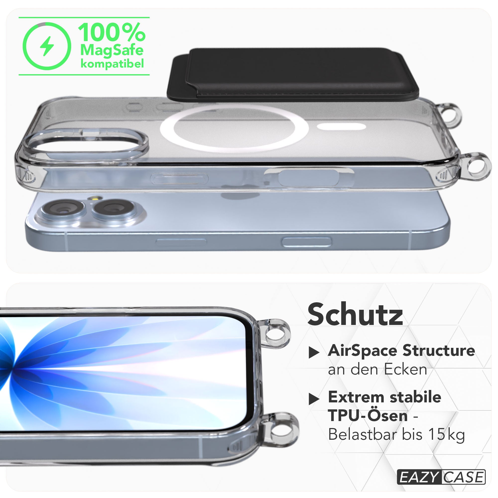 iPhone 17 transparente Hülle mit MagSafe Ring und Befestigungsösen für Handyketten