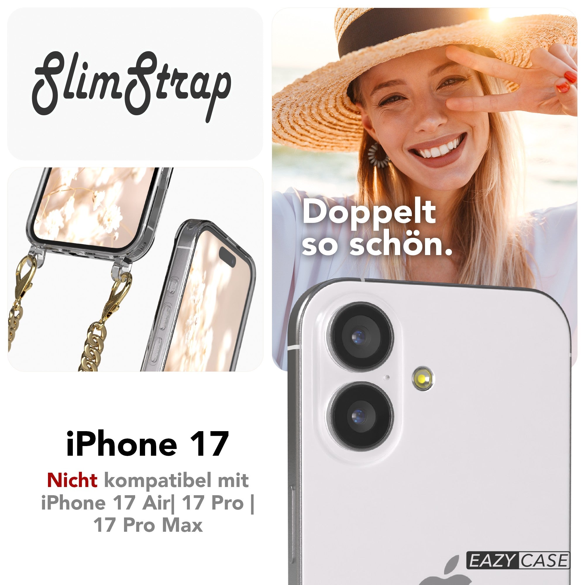 iPhone 17 Hülle mit Metallkette + Schwarze Kordel mit MagSafe