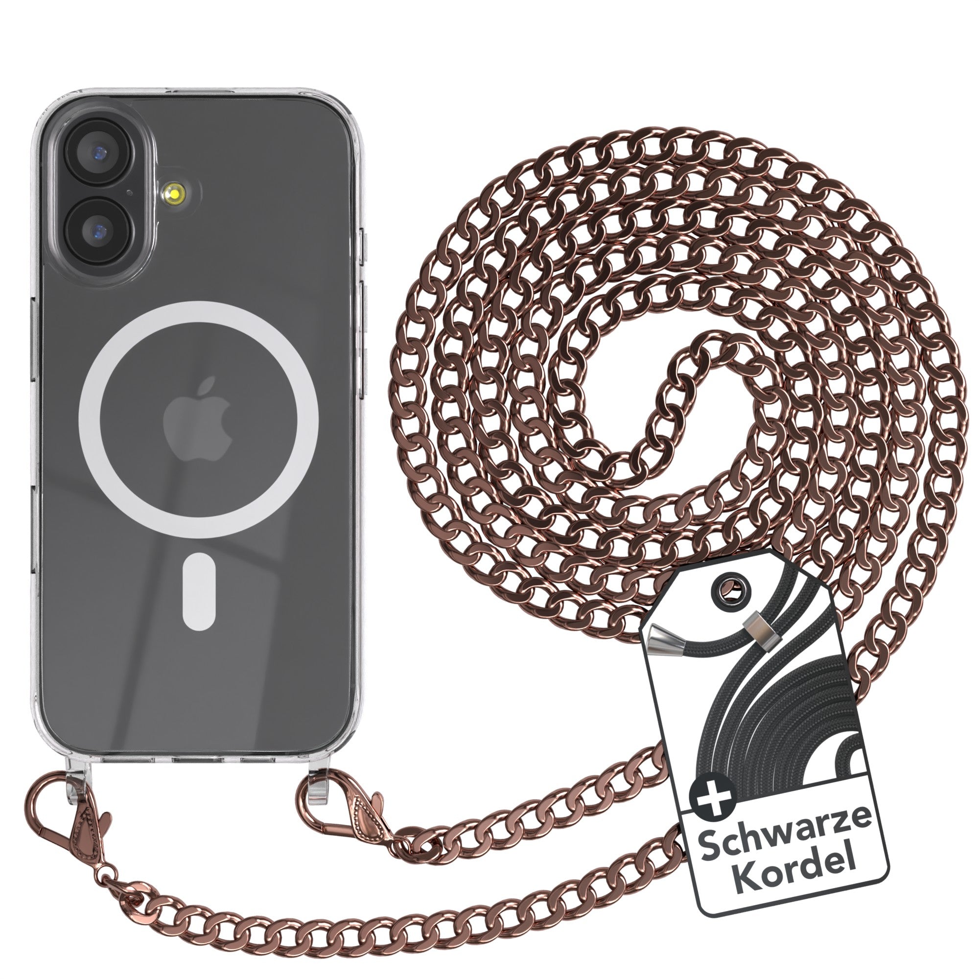 iPhone 17 Hülle mit Metallkette + Schwarze Kordel mit MagSafe