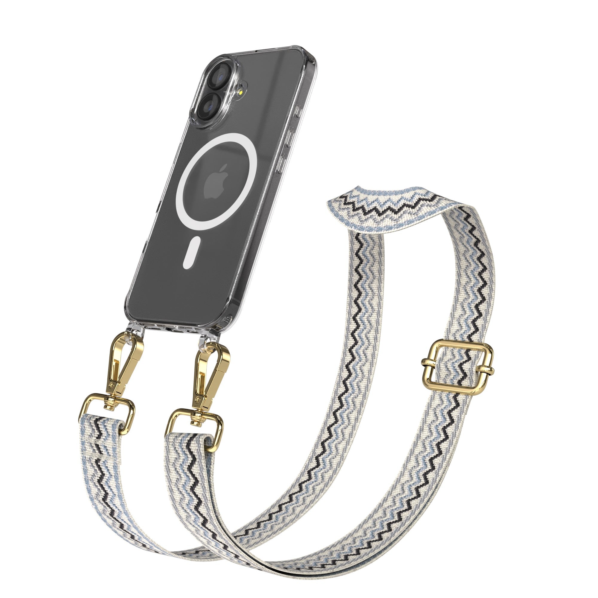 iPhone 17 MagSafe Handykette mit verstellbarem Boho Band EAZY CASE #farbe_blau-wellen-metallfarbe-gold