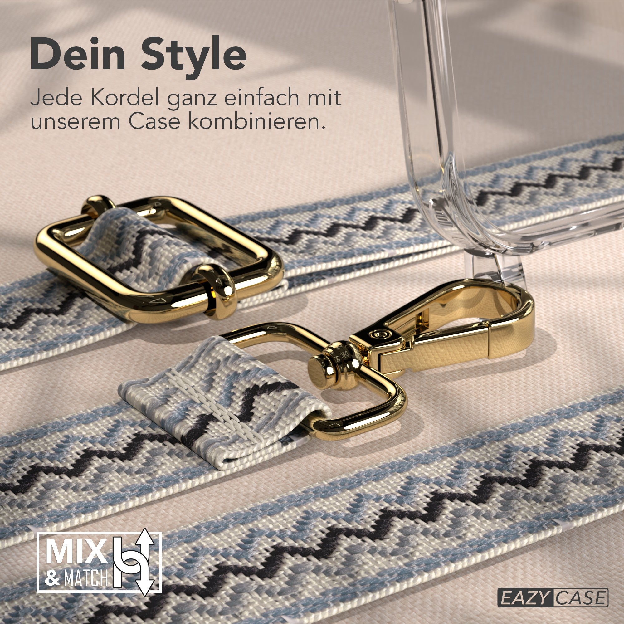 iPhone 17 MagSafe Handykette mit verstellbarem Boho Band EAZY CASE #farbe_blau-wellen-metallfarbe-gold