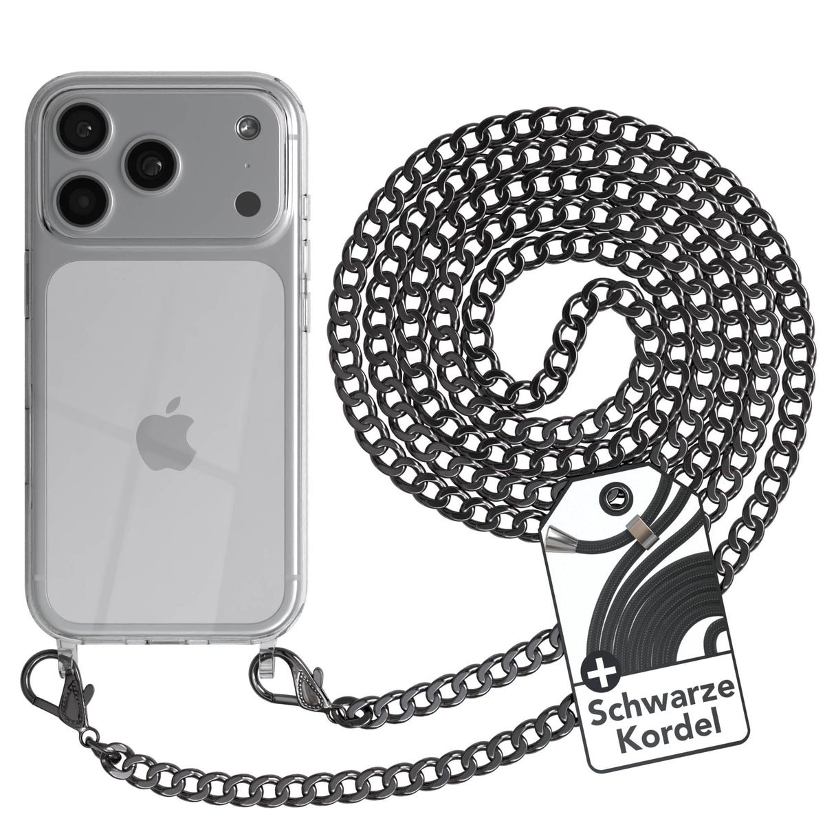 iPhone 17 Pro Handykette mit schwarzer Metallkette TPU Hülle #farbe_grau