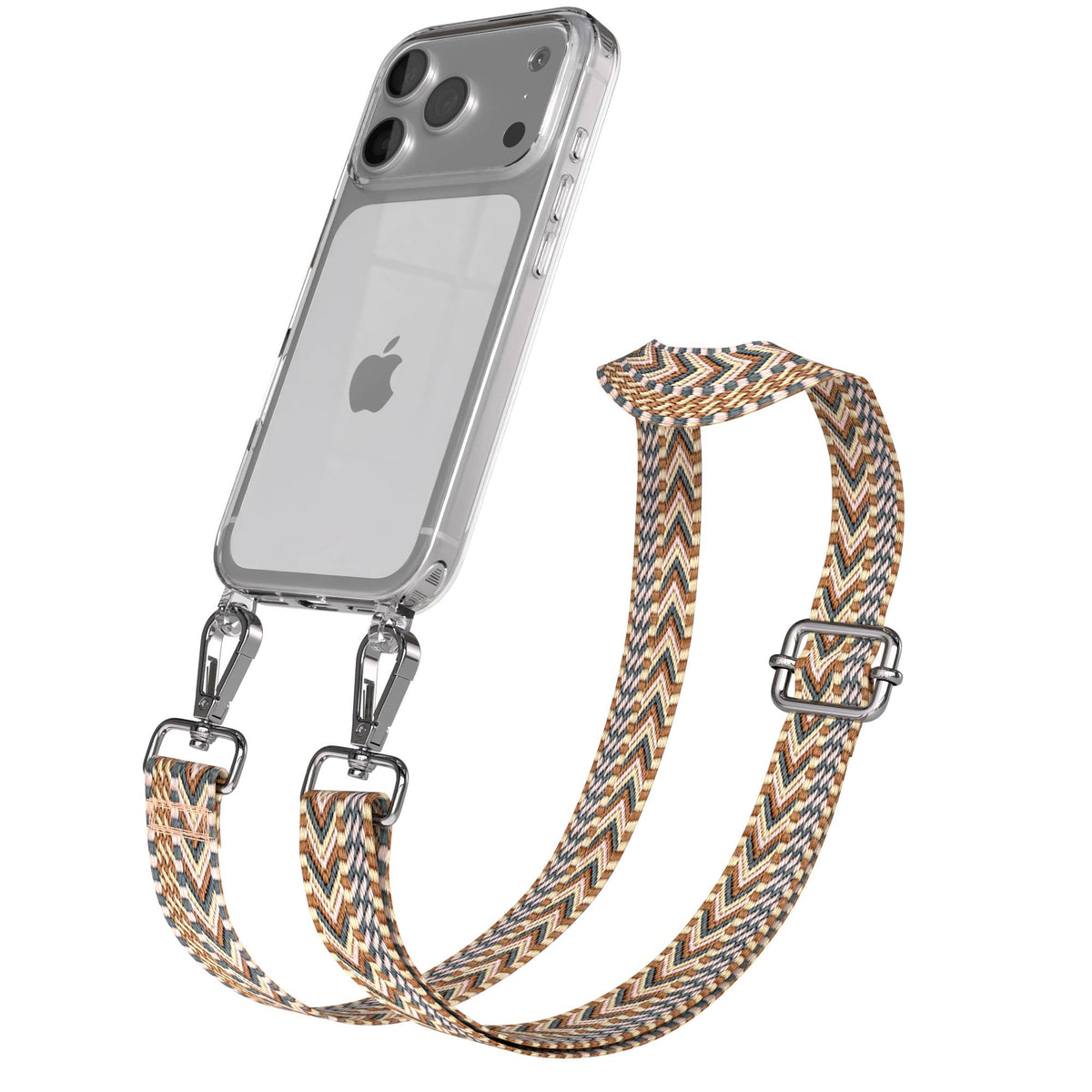 iPhone 17 Pro Handykette mit verstellbarem Boho Band von EAZY CASE #farbe_hellbraun-braun-metallfarbe-silber