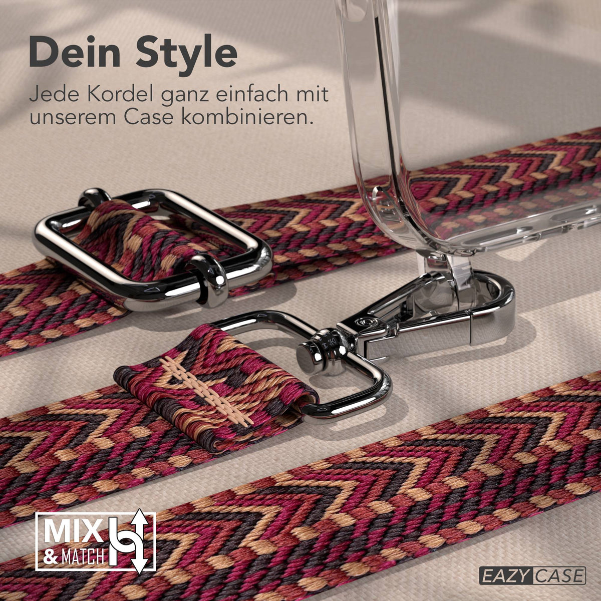 iPhone 17 Pro Handykette mit verstellbarem Boho Band von EAZY CASE #farbe_rot-braun-metallfarbe-silber