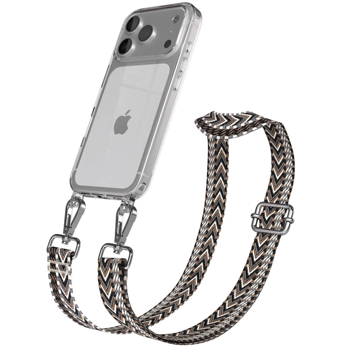 iPhone 17 Pro Handykette mit verstellbarem Boho Band von EAZY CASE #farbe_grau-schwarz-metallfarbe-silber