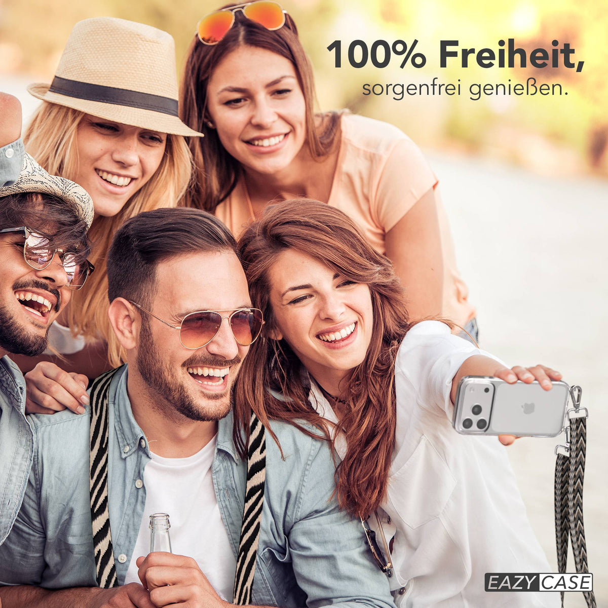iPhone 17 Pro Handykette mit verstellbarem Boho Band von EAZY CASE #farbe_grau-schwarz-metallfarbe-silber
