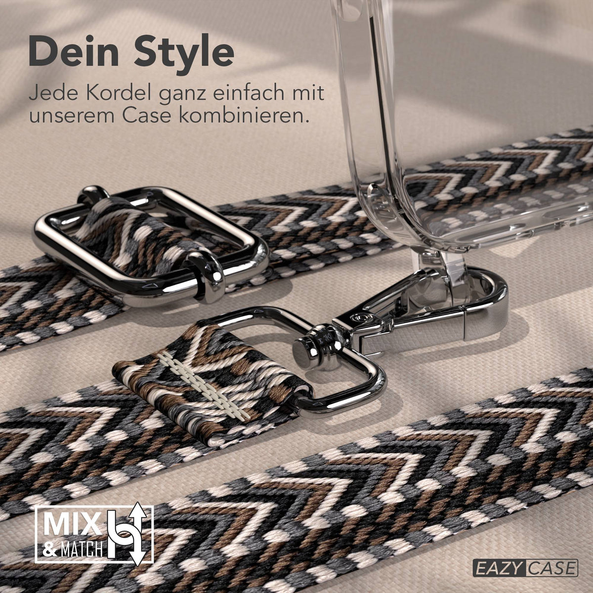 iPhone 17 Pro Handykette mit verstellbarem Boho Band von EAZY CASE #farbe_grau-schwarz-metallfarbe-silber