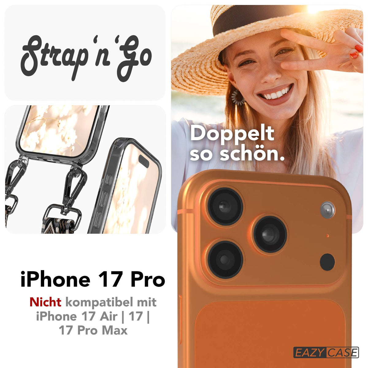 iPhone 17 Pro Handykette mit verstellbarem Boho Band von EAZY CASE #farbe_grau-schwarz-metallfarbe-silber